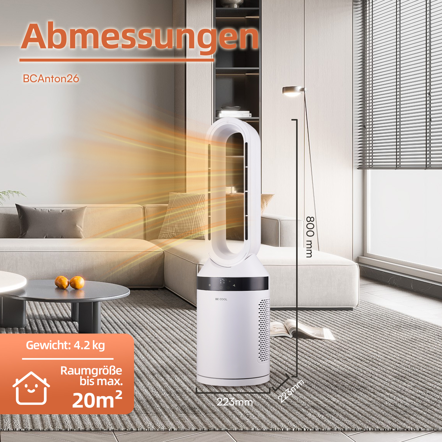 Weisser Turm-Heizlüfter im modernen Wohnzimmer mit Abmessungen und oranger Wärmegrafik.