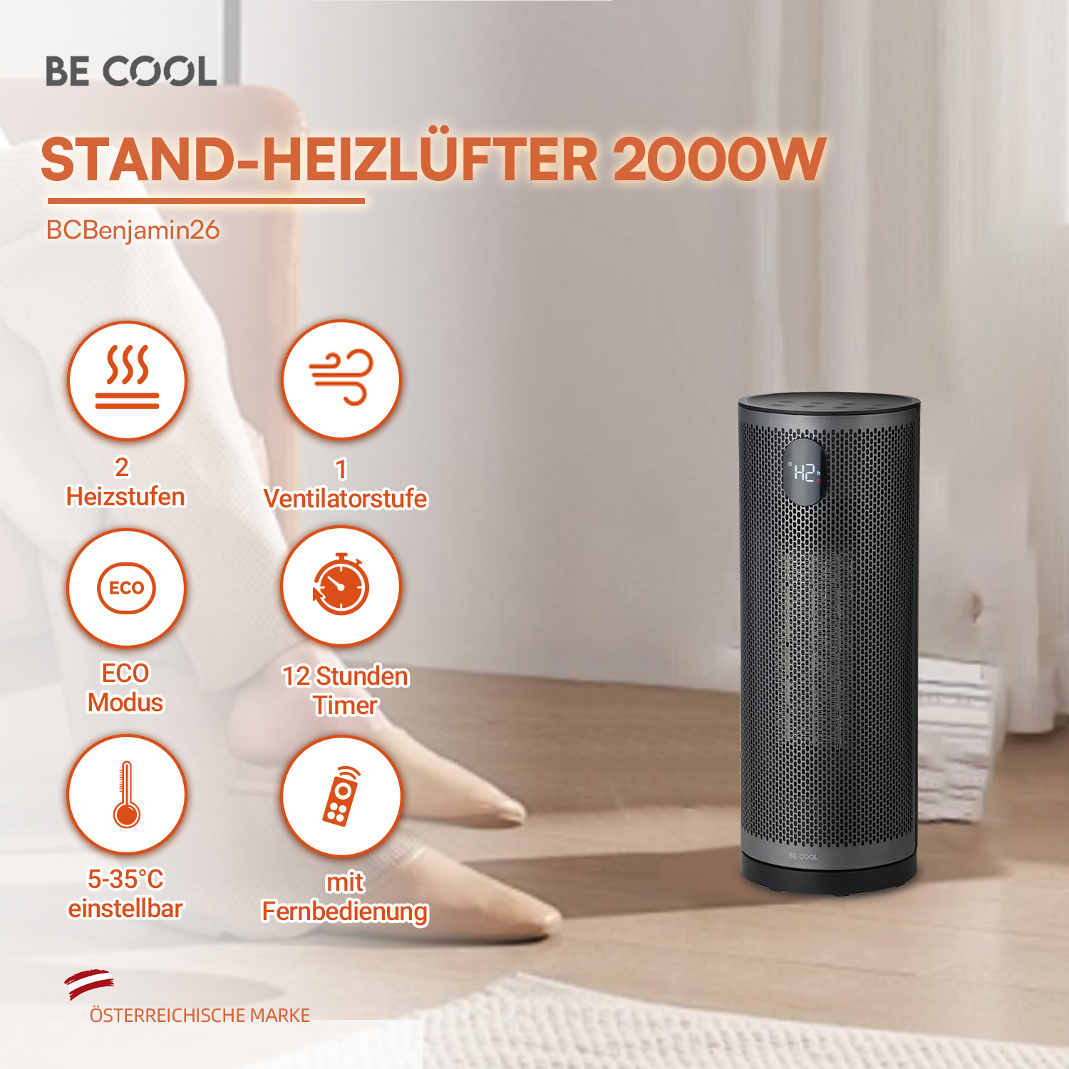 Grauer Stand-Heizlüfter 2000W mit Digitalanzeige, orangefarbene Icons zeigen Funktionen wie Eco-Modus und Timer.