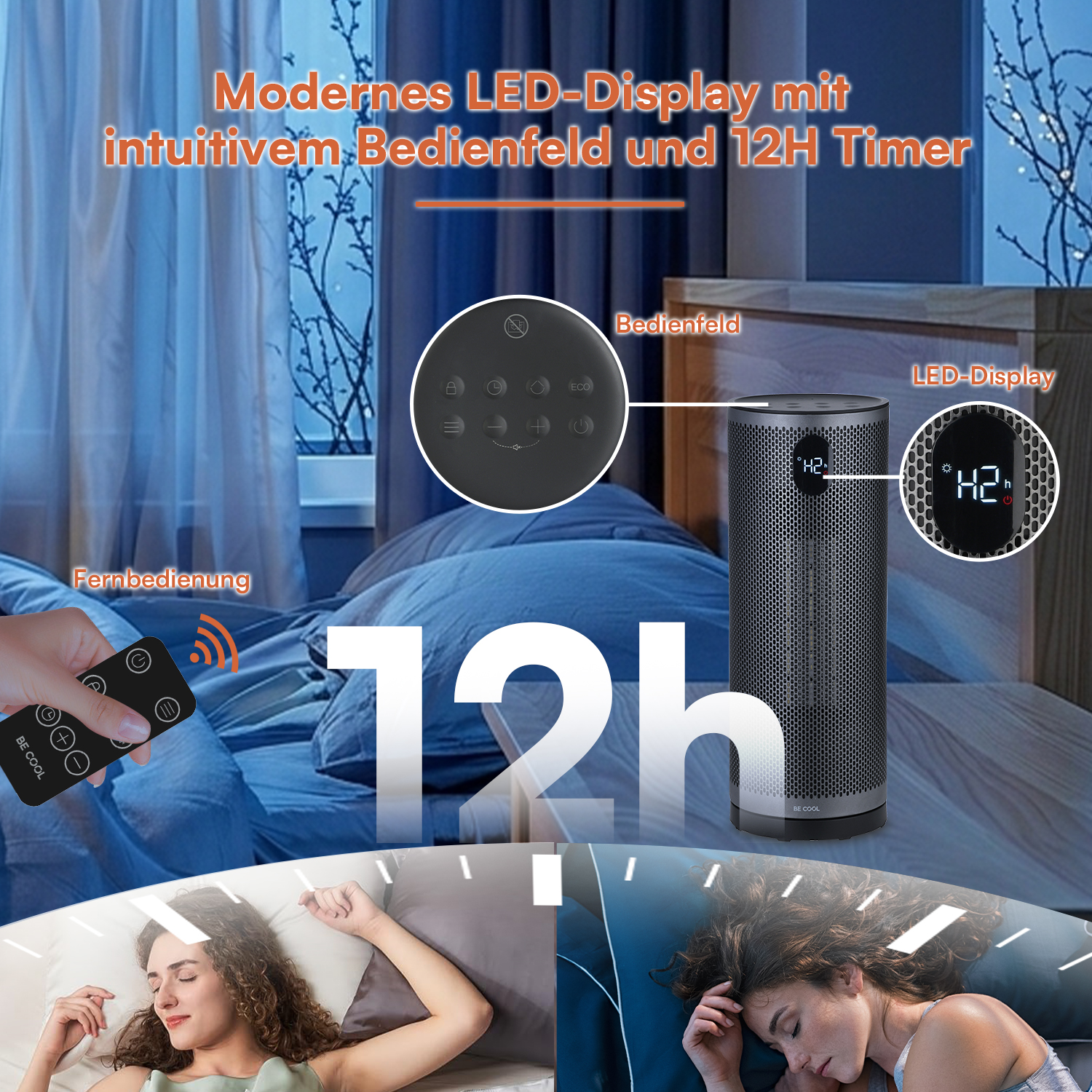 LED-Heizlüfter im Schlafzimmer mit Timer, Display und Fernbedienung.