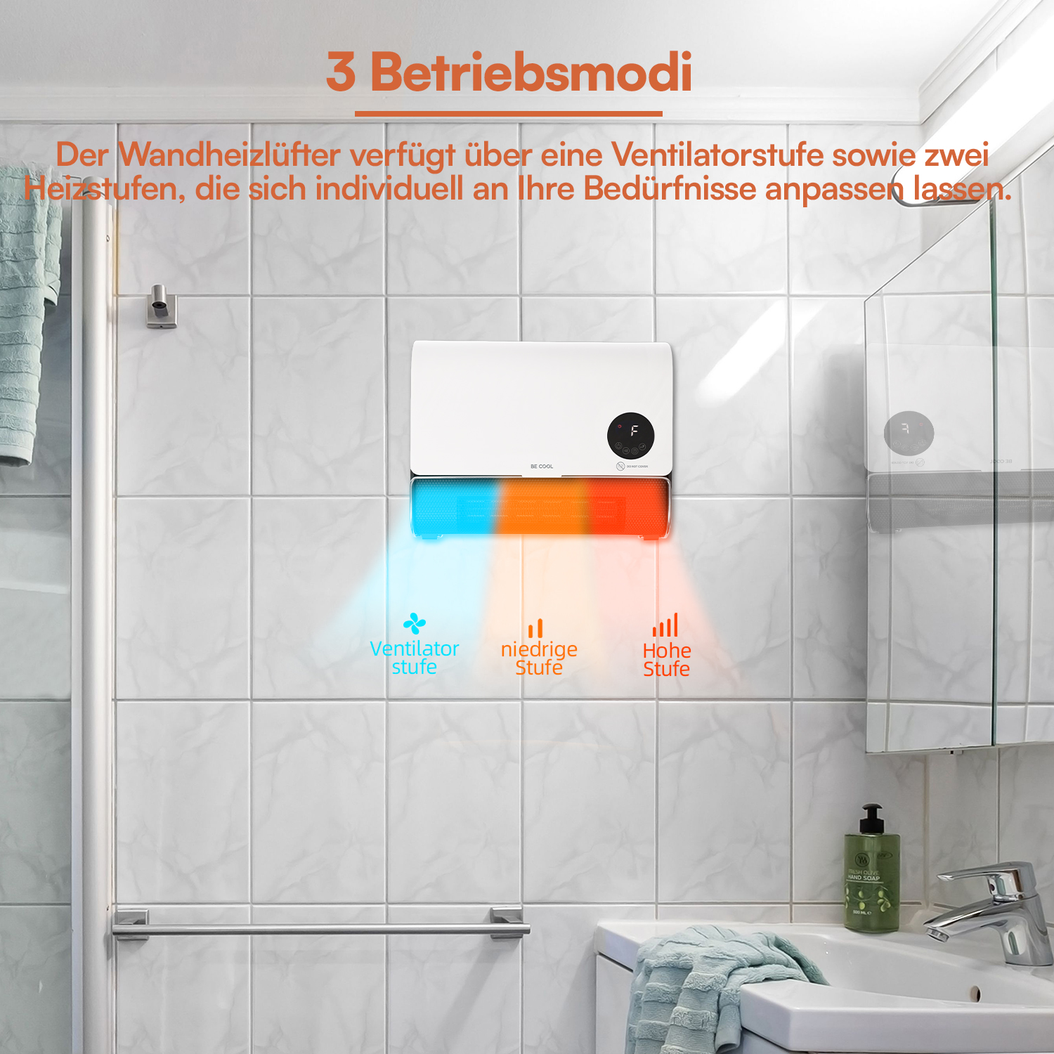 Wandheizlüfter mit drei Modi an weißer Fliesenwand über Waschbecken.