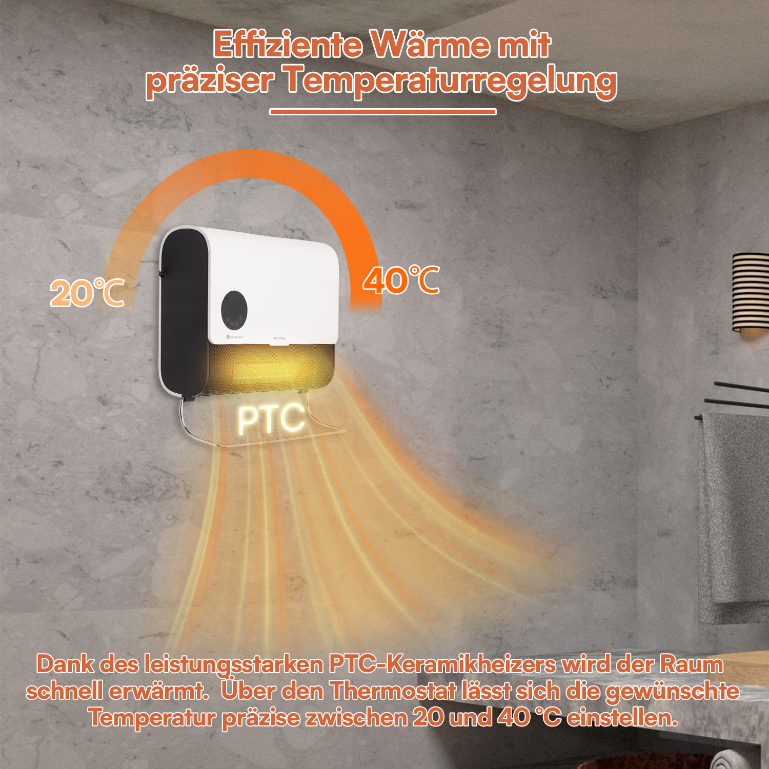 Wandheizer mit PTC-Technologie und Temperaturregelung von 20 bis 40 Grad Celsius in einem modernen Badezimmer.