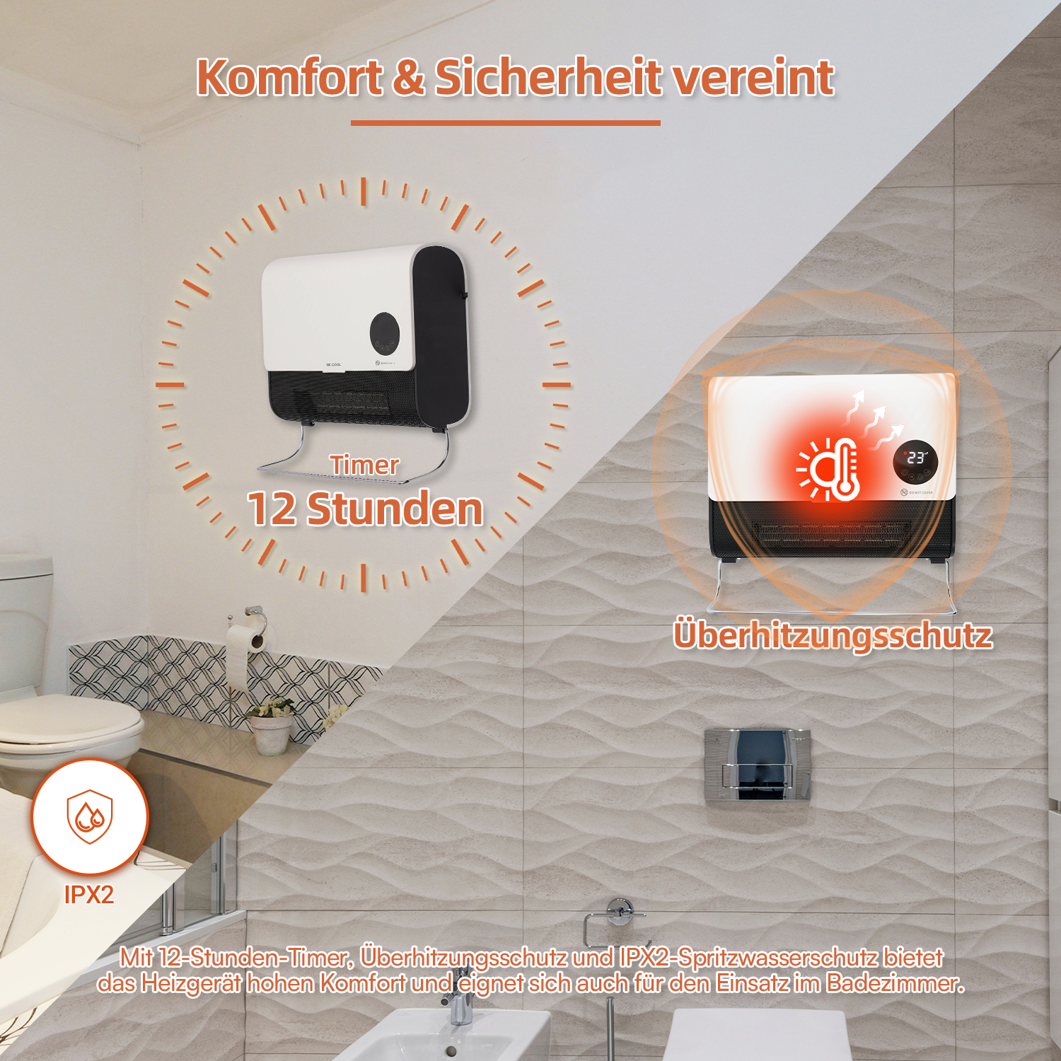 Ein weiß-schwarzer Wand-Heizlüfter fürs Badezimmer mit Timer, Überhitzungsschutz und IPX2-Spritzwasserschutz.