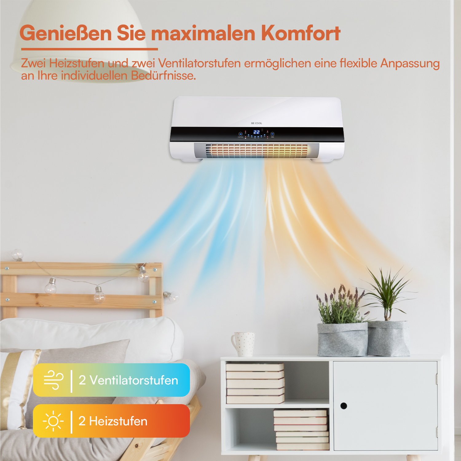 Wandheizgerät mit blauen und orangen Luftströmen in einem Schlafzimmer.