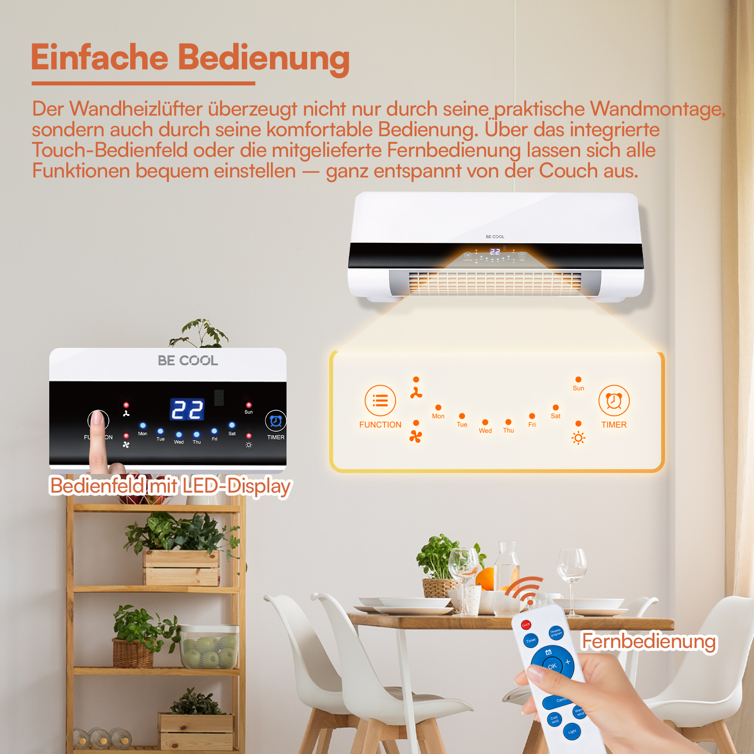 Wandheizlüfter mit LED-Display, Touch-Bedienfeld und Fernbedienung in einem hellen Zimmer.