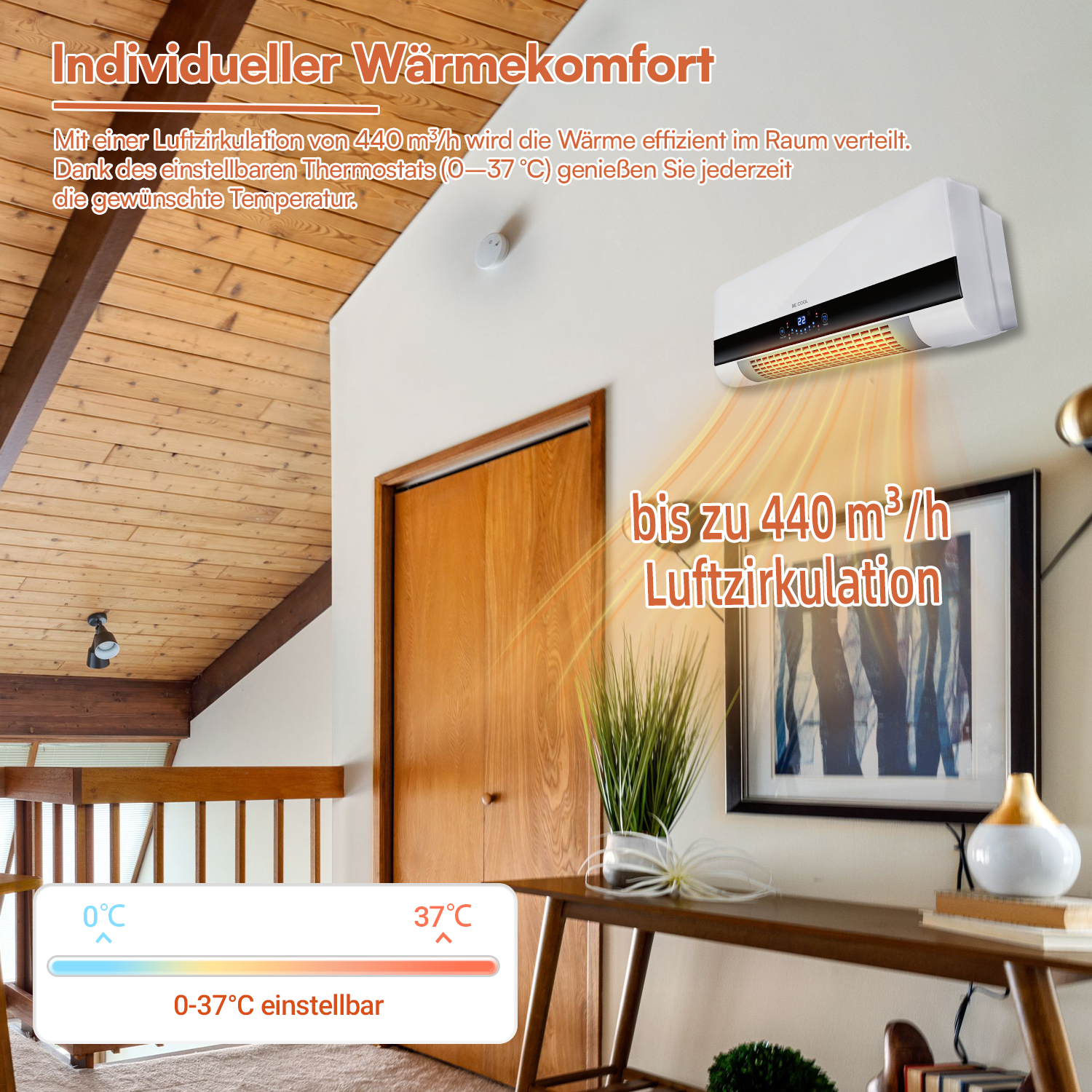 Wandheizlüfter in einem Wohnraum mit Holzdach, digitaler Anzeige und Orangen Wärmestrahlen.