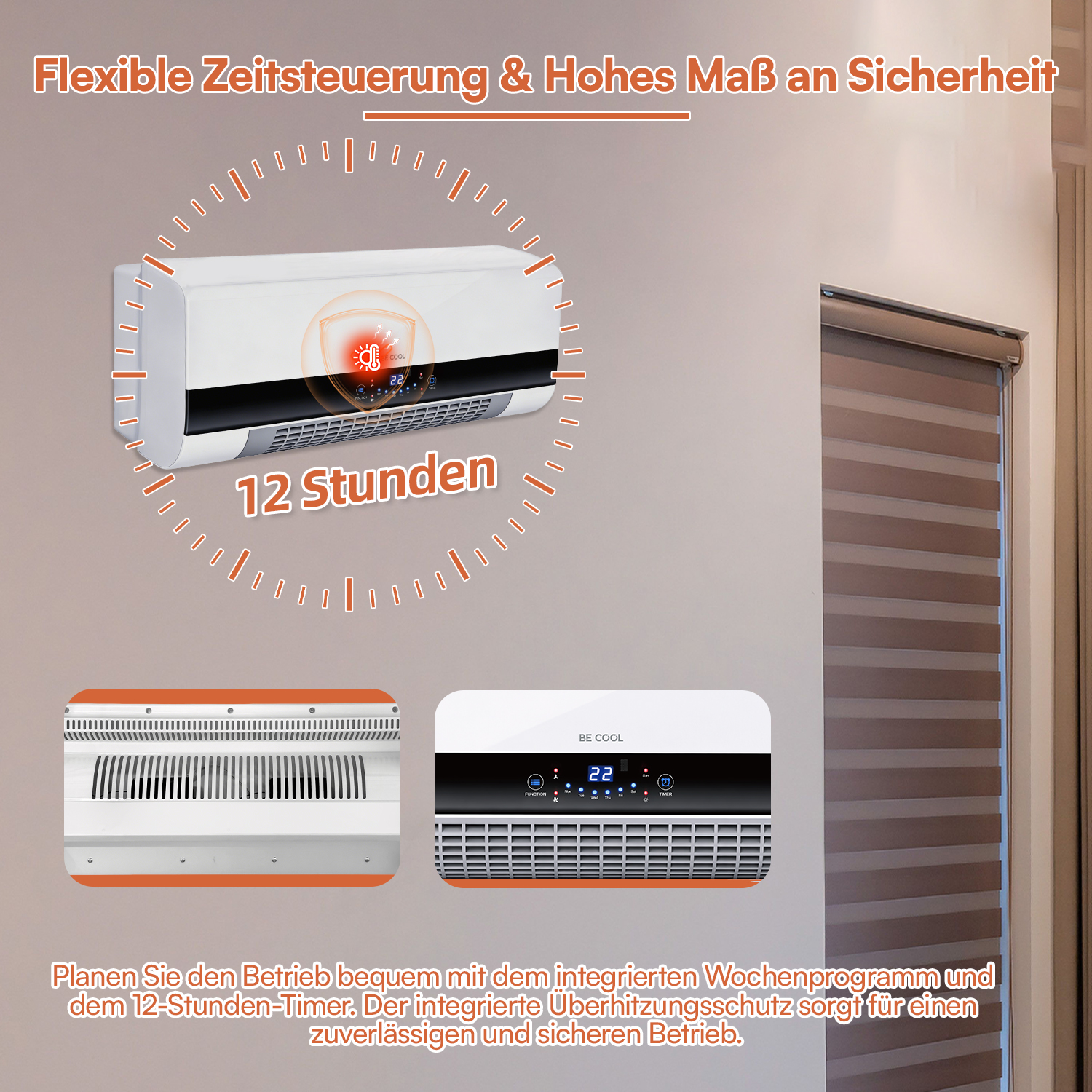 Ein weißes Wandklimagerät mit Digitalanzeige, Timer-Symbol und zwei Nahaufnahme-Einsätzen.