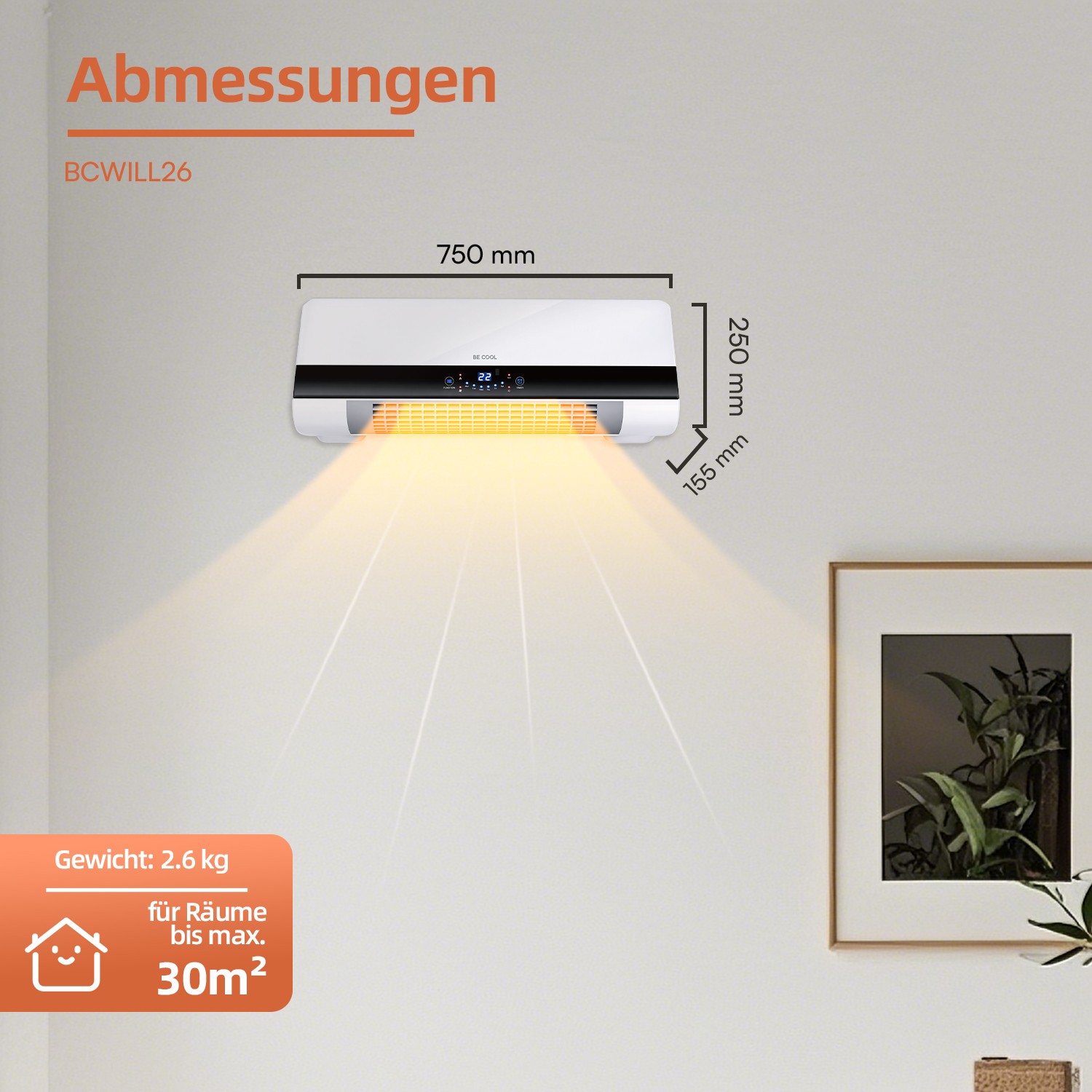 Ein weißer Wandheizer mit Maßen und warmem orangem Licht strahlt nach unten, montiert an einer grauen Wand.