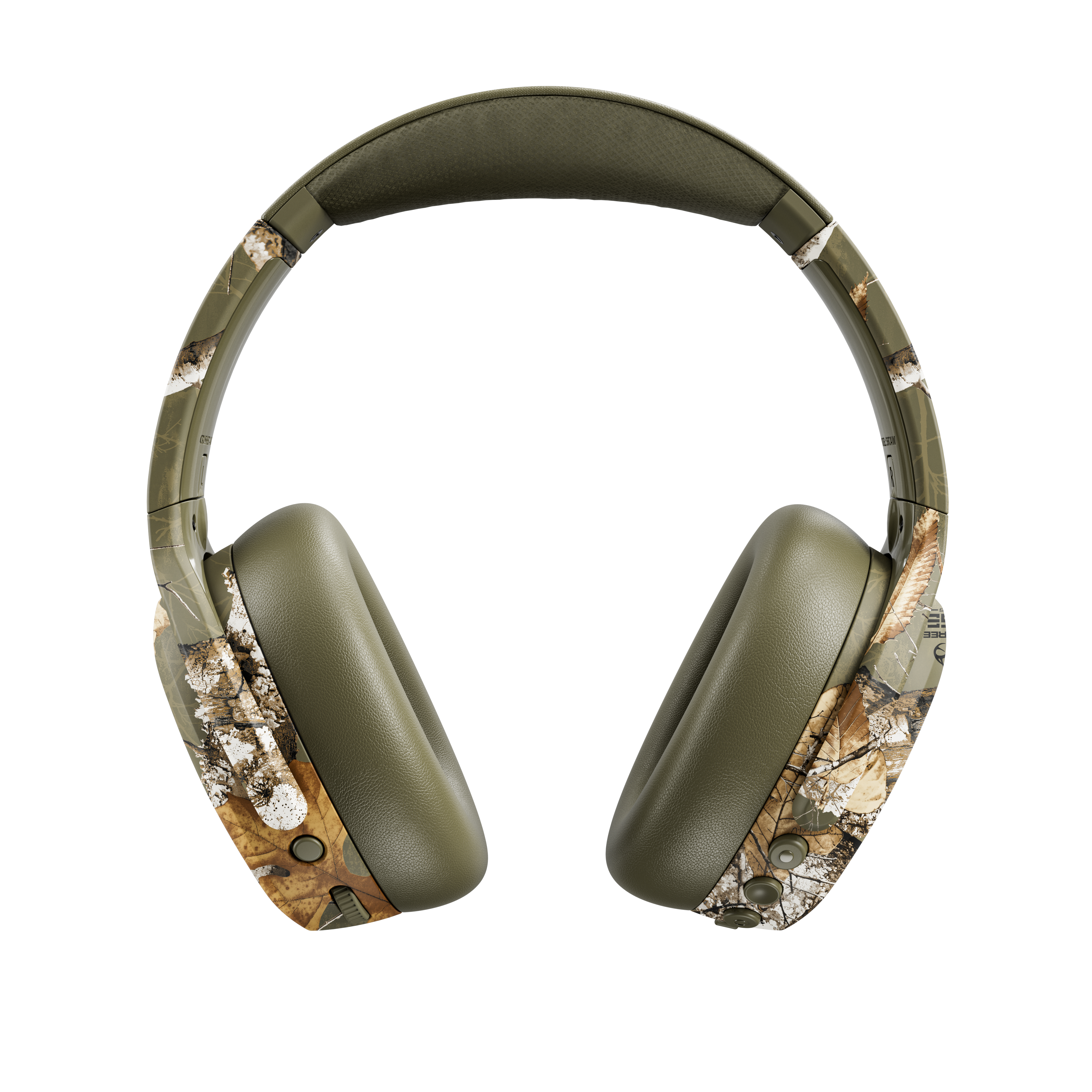 Over-Ear-Kopfhörer mit olivgrünen Ohrmuscheln und braunem Tarnmuster auf weißem Hintergrund.