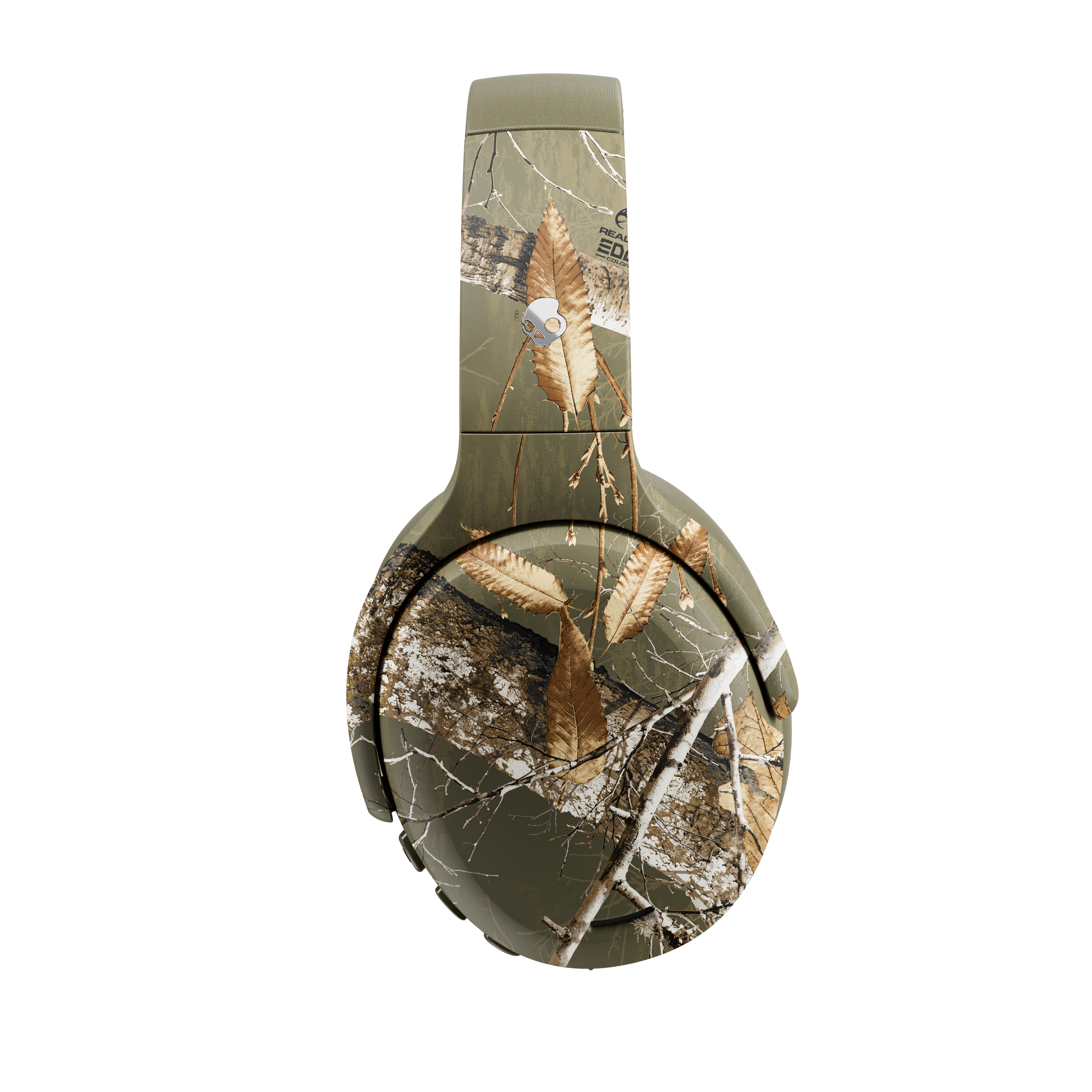 Over-Ear-Kopfhörer mit Wald-Camouflage-Muster, Ästen und Blättern auf grünem Grund.