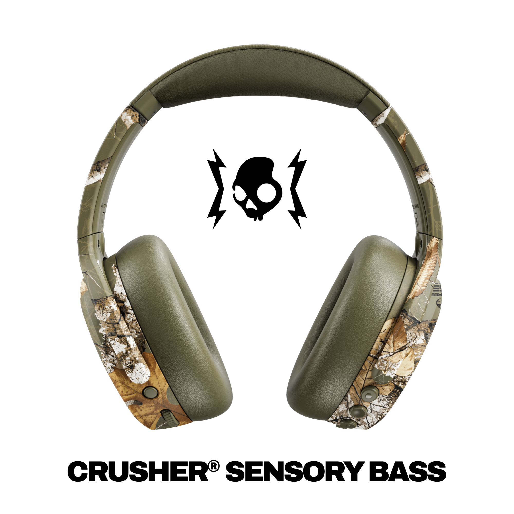 Grüne Tarnkopfhörer mit Totenkopfsymbol und der Aufschrift Crusher Sensory Bass.