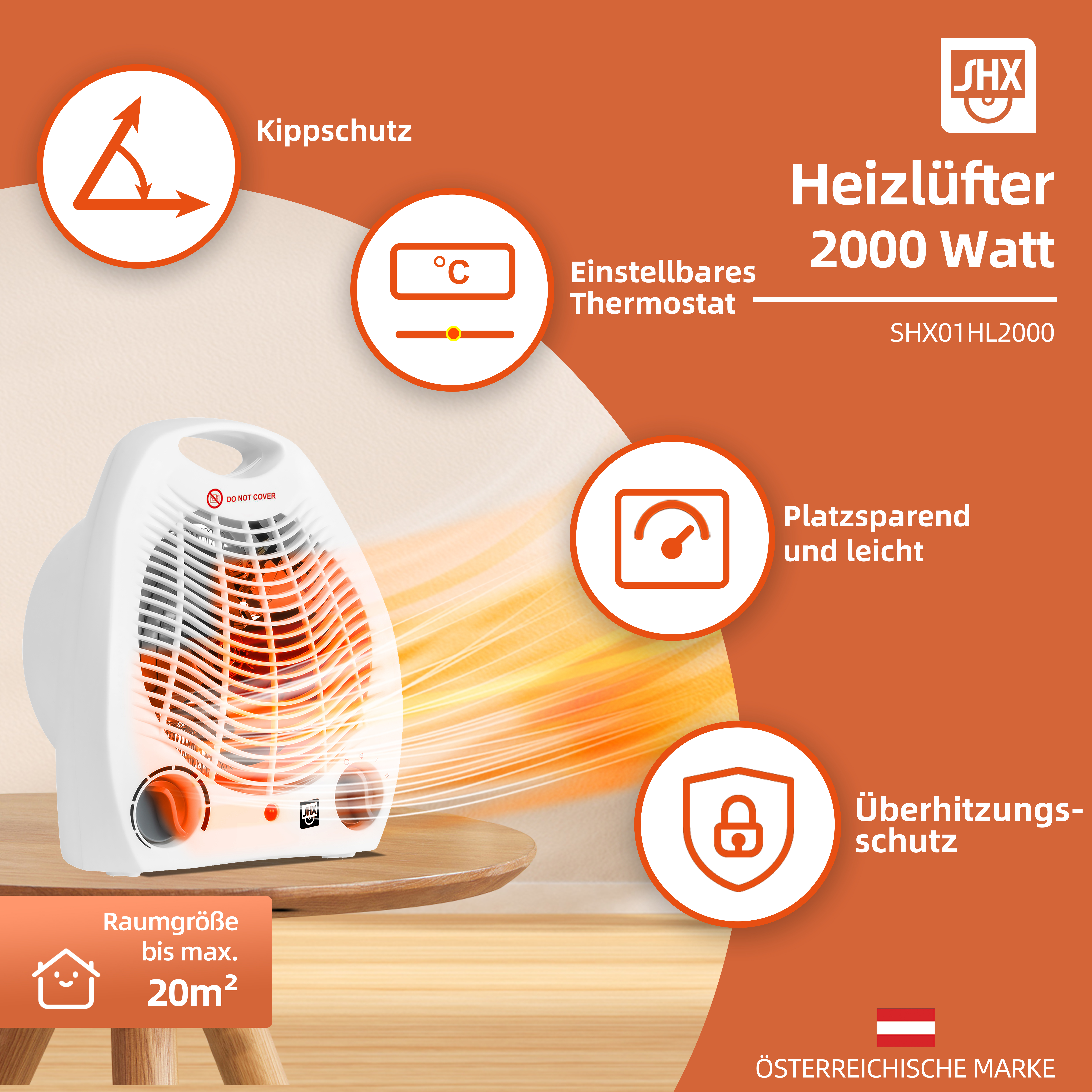 Weißer SHX Heizlüfter mit 2000 Watt auf Holztisch, umgeben von Icons mit Produktfeatures vor orangem Hintergrund.
