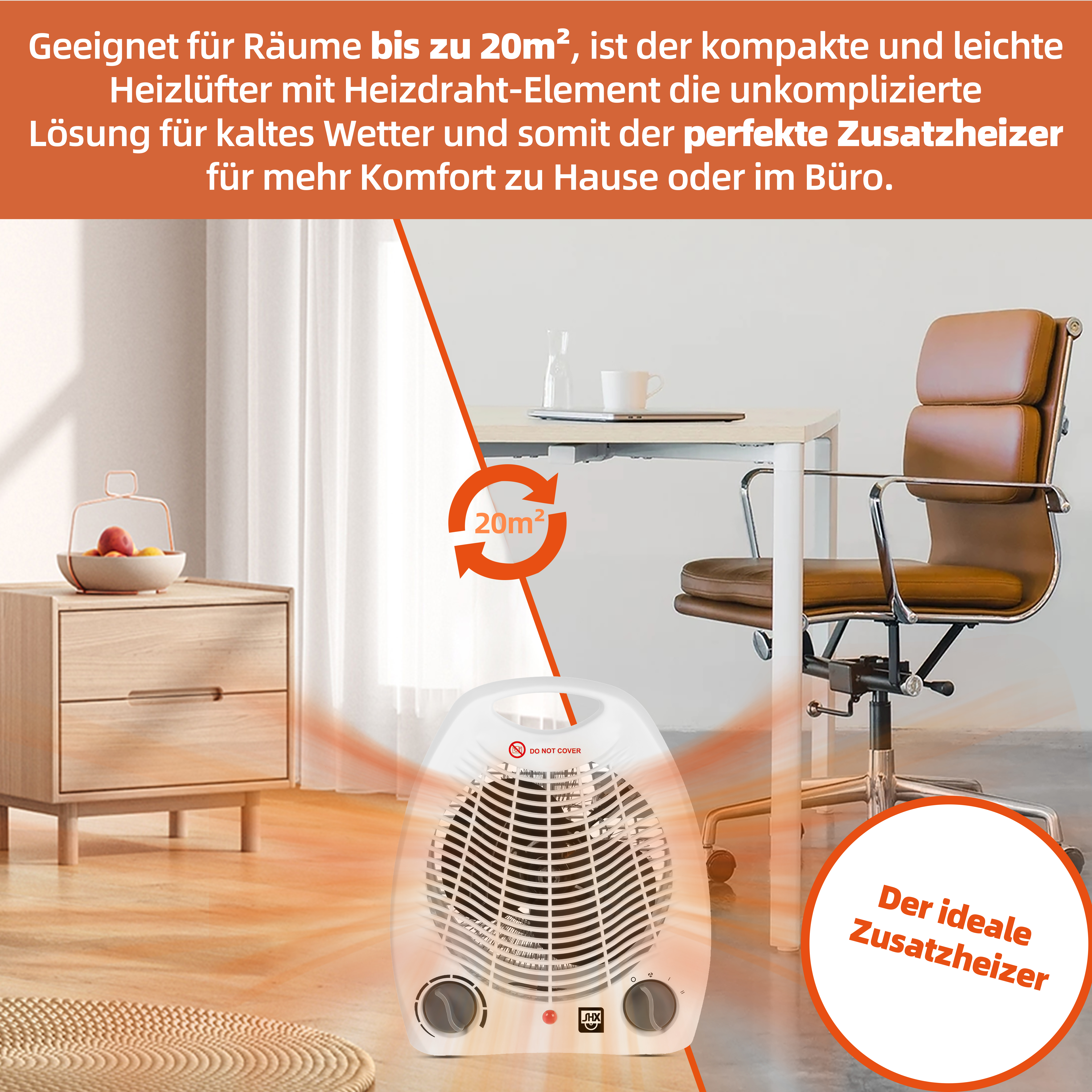 Kompakter weißer Heizlüfter auf einem Boden in einem Raum mit Schreibtisch und Nachtschrank.