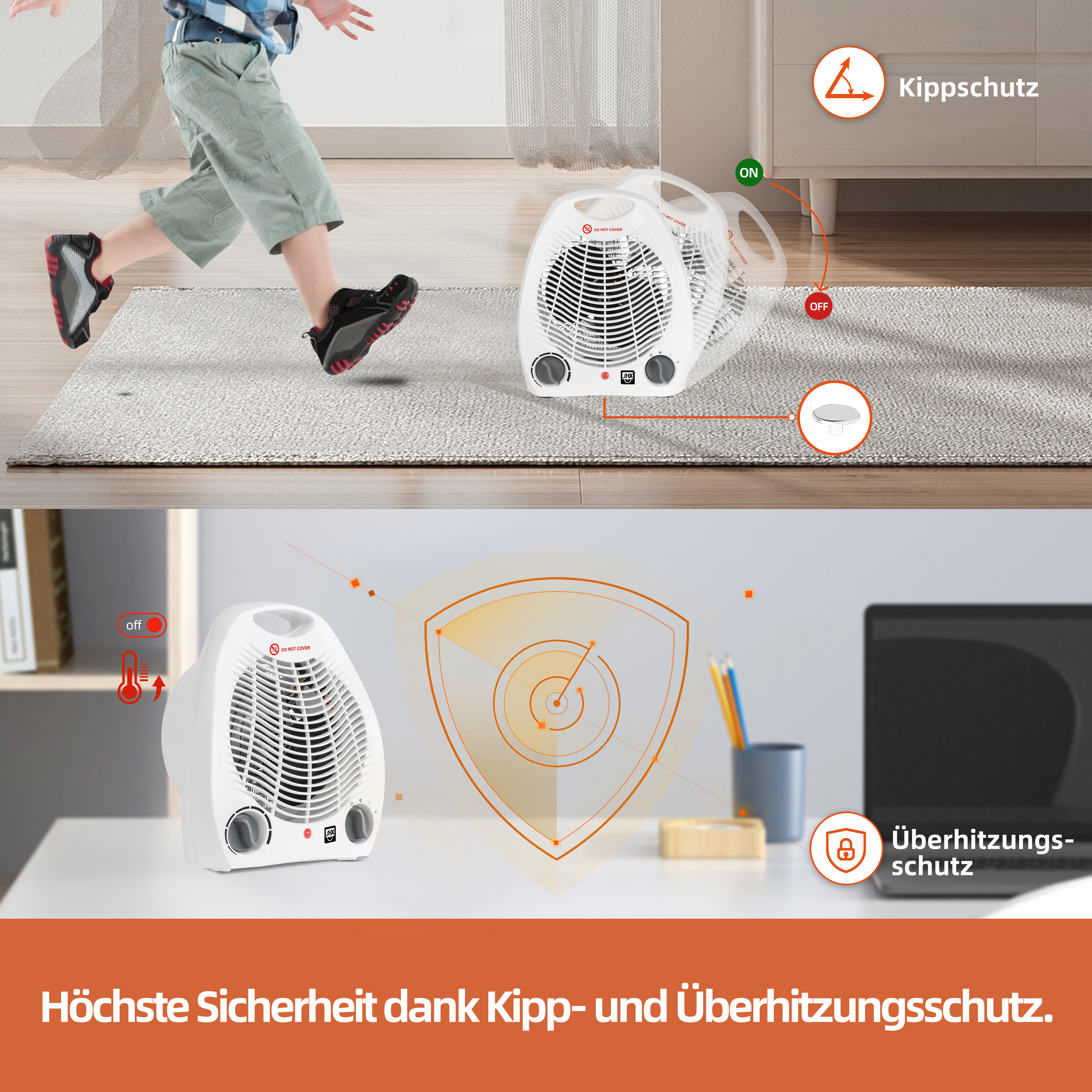 Ein weißer Heizlüfter auf einem Teppich mit einem vorbeilaufenden Kind und ein weiterer Heizlüfter auf einem Schreibtisch.