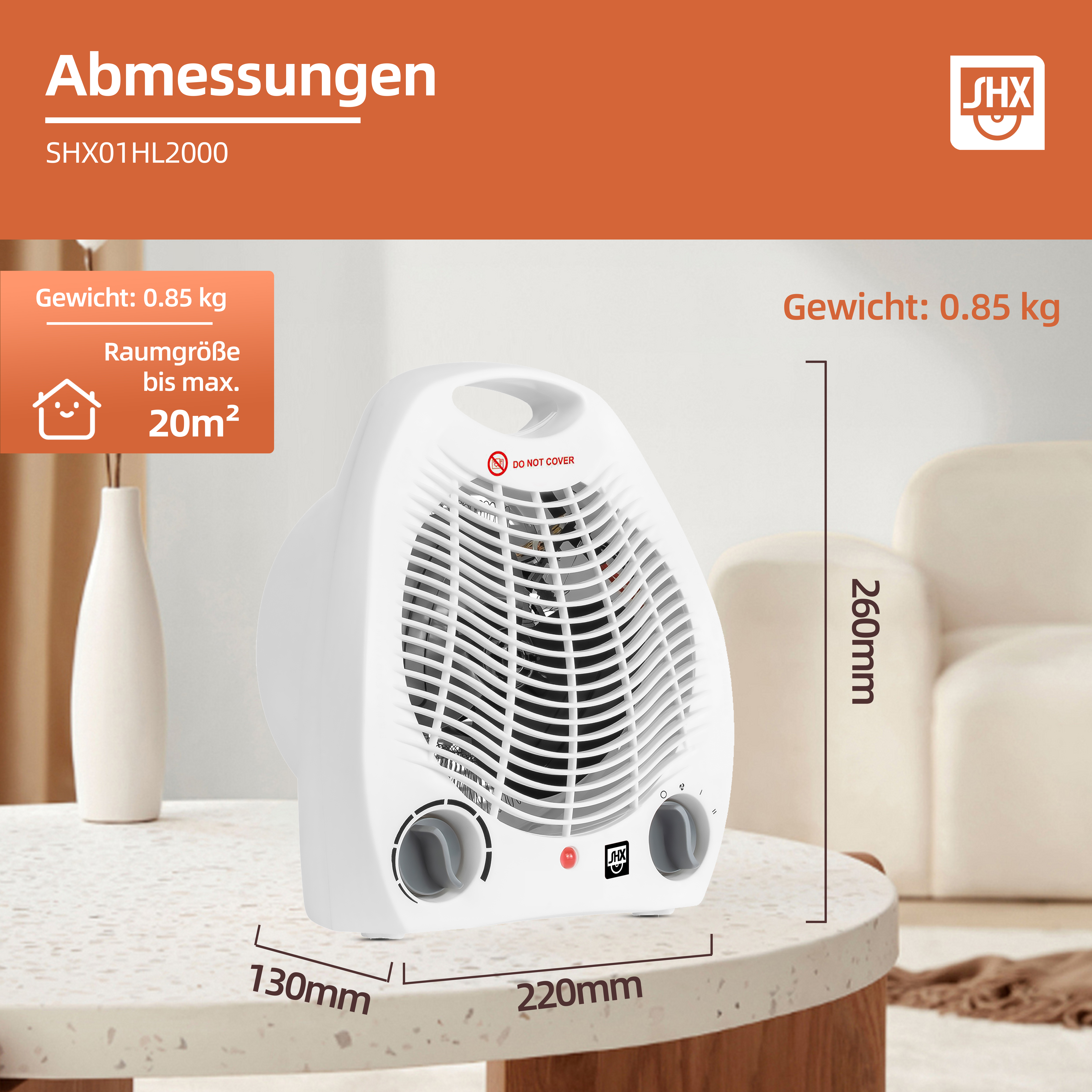 Weißer Heizlüfter auf einem Tisch mit Maßen und Gewicht.
