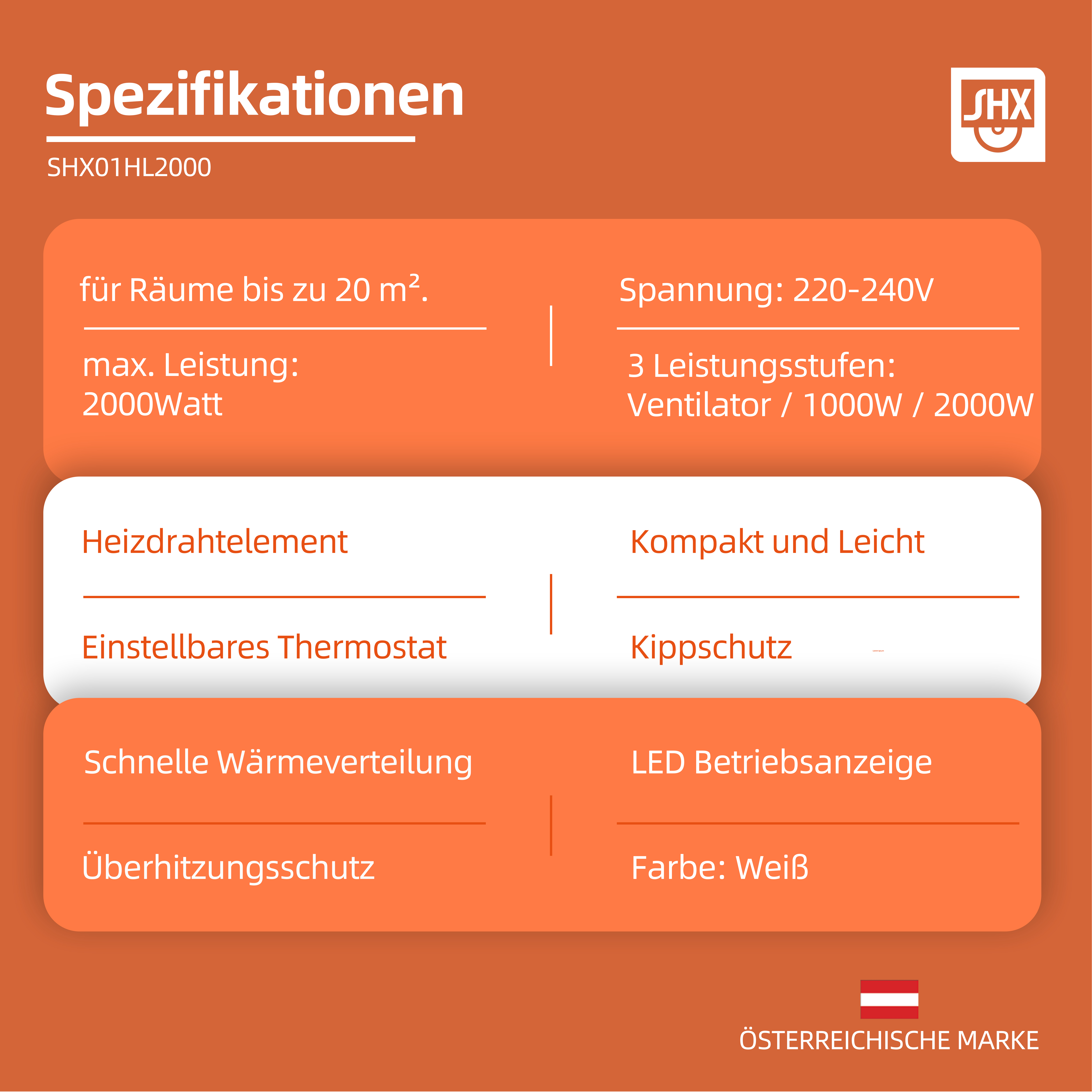 Technische Spezifikationen des SHX01HL2000 Heizgeräts mit Funktionsdetails und Markenzeichen.