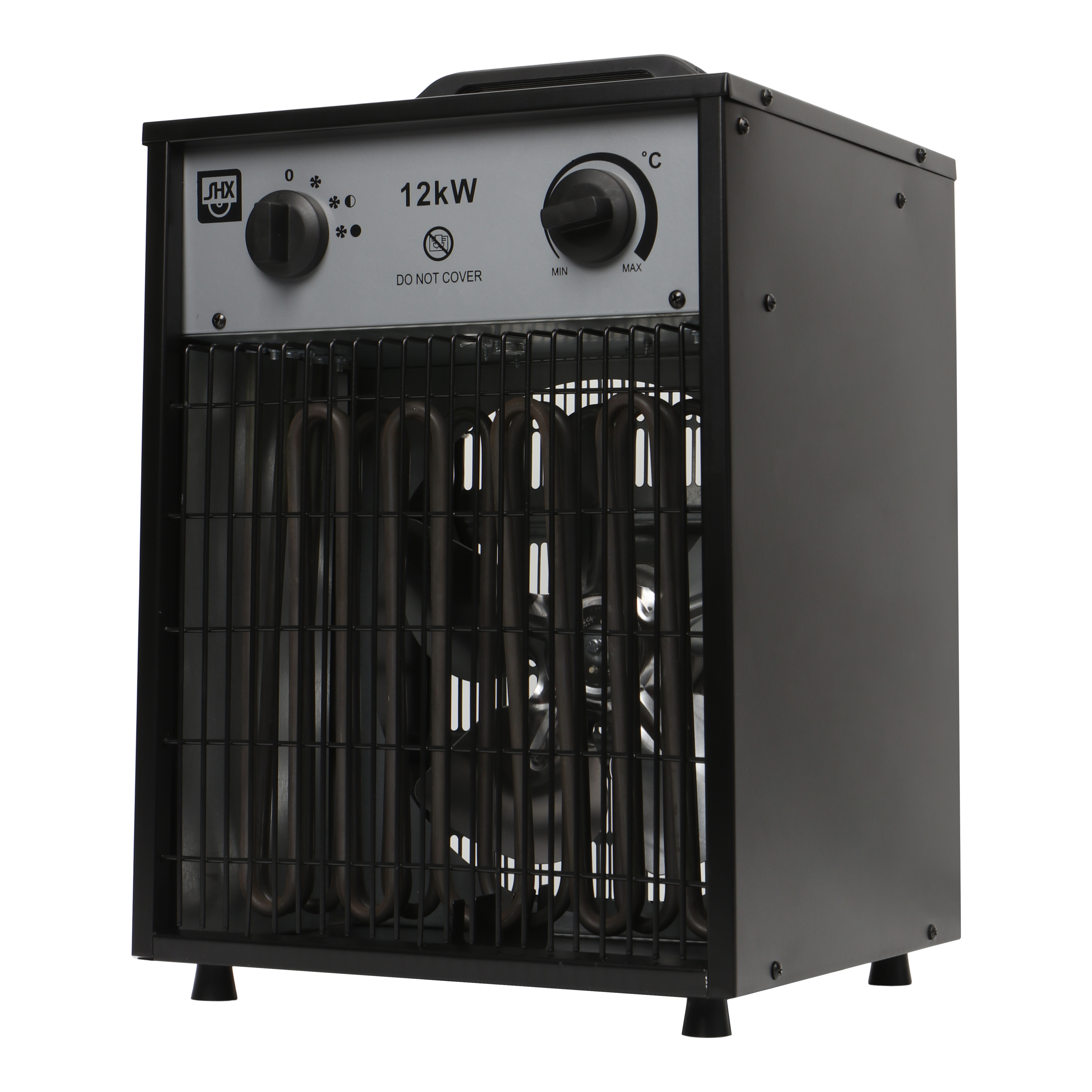 Schwarzer 12kW Industrie-Heizlüfter mit Schutzgitter und zwei Drehreglern auf grauem Bedienfeld.