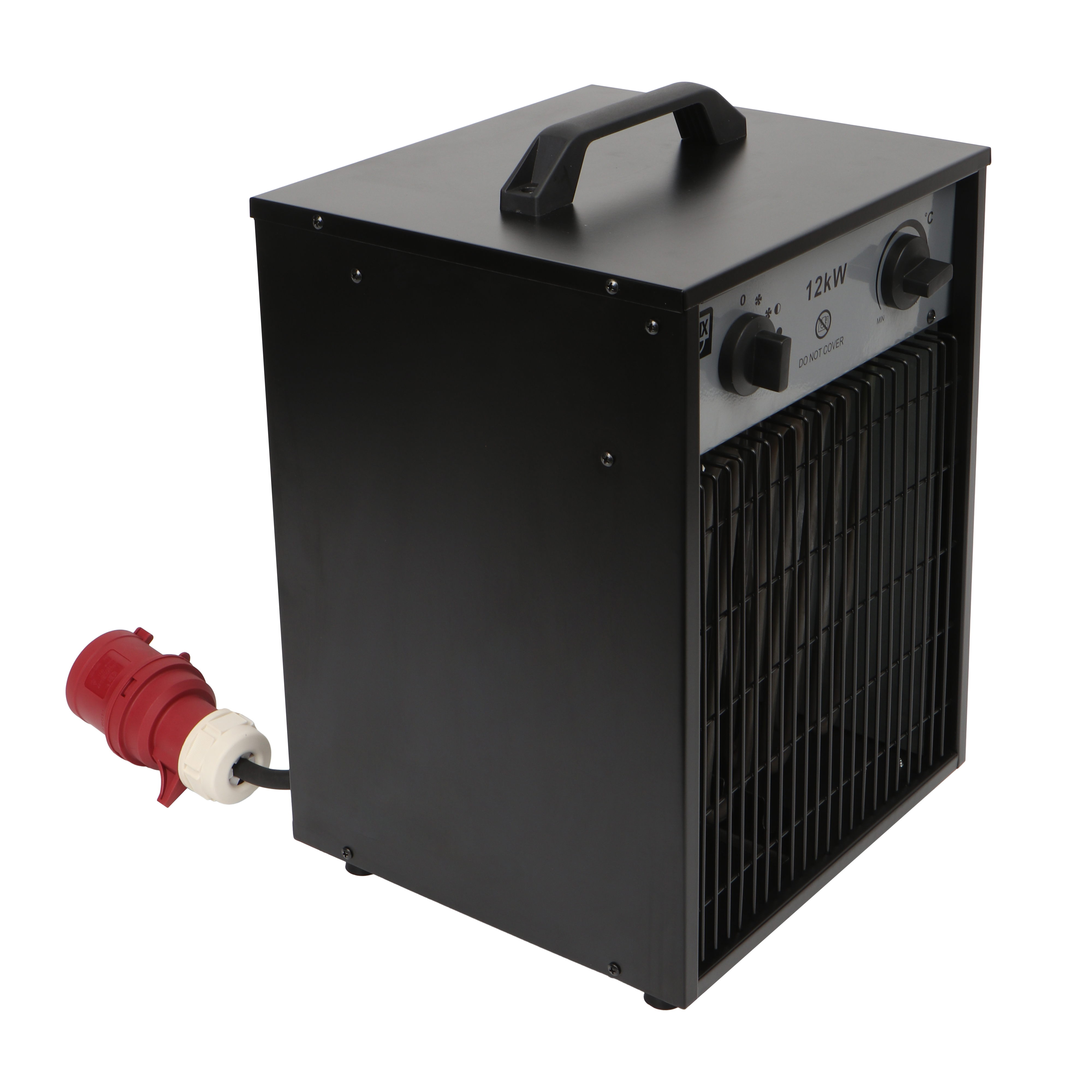 Schwarzer 12kW Industrie-Heizlüfter mit Tragegriff und rotem Starkstromstecker.