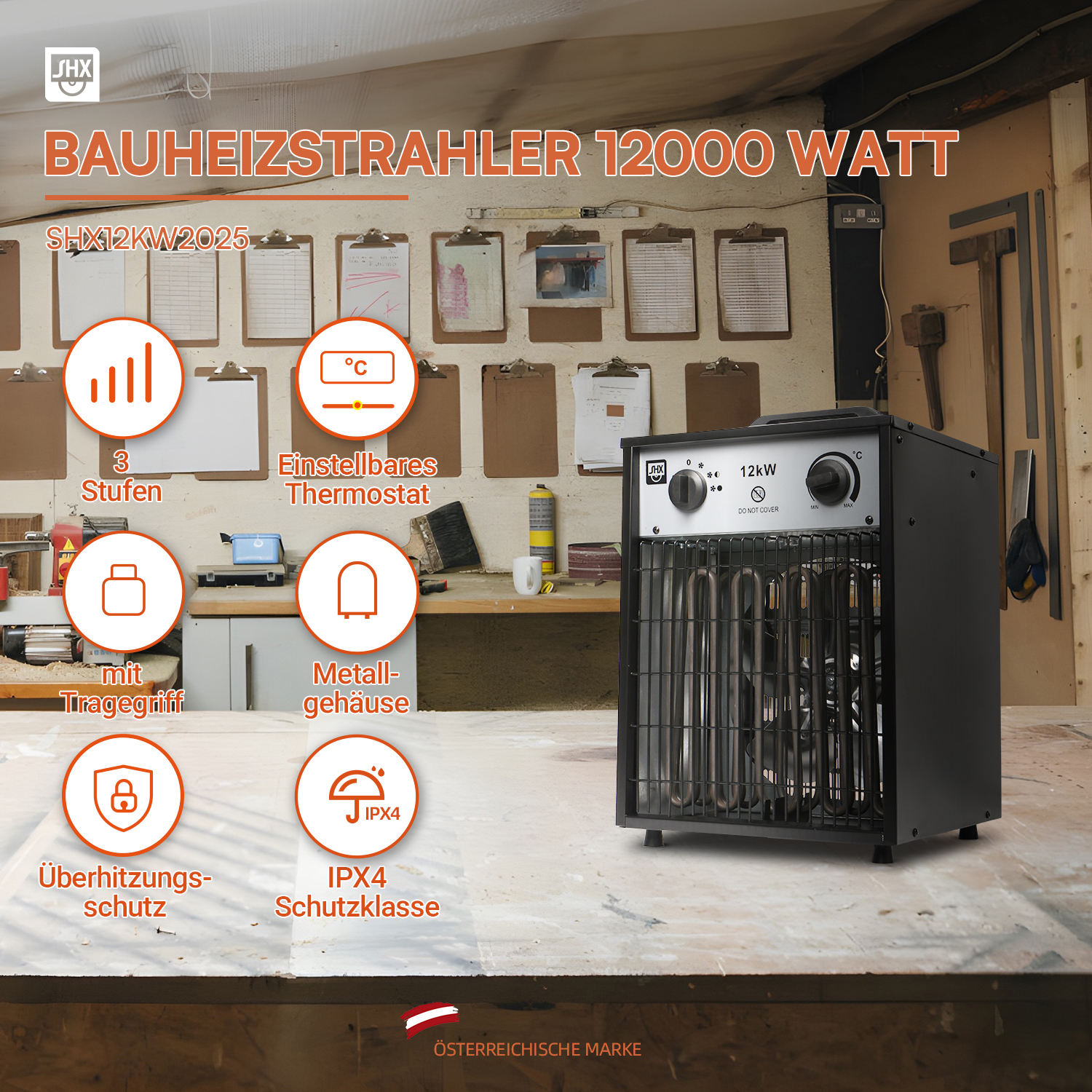 Ein schwarzer Bauheizstrahler 12000 Watt auf einer Werkbank, umgeben von Informationsikons und Werkzeug im Hintergrund.