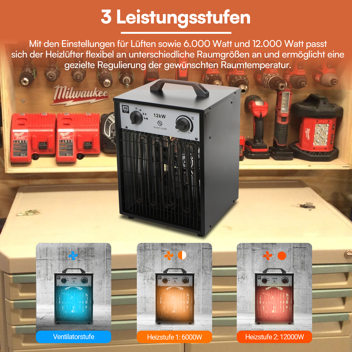 Schwarzer Industrieheizer mit drei Leistungsstufen vor Werkstatt-Hintergrund.