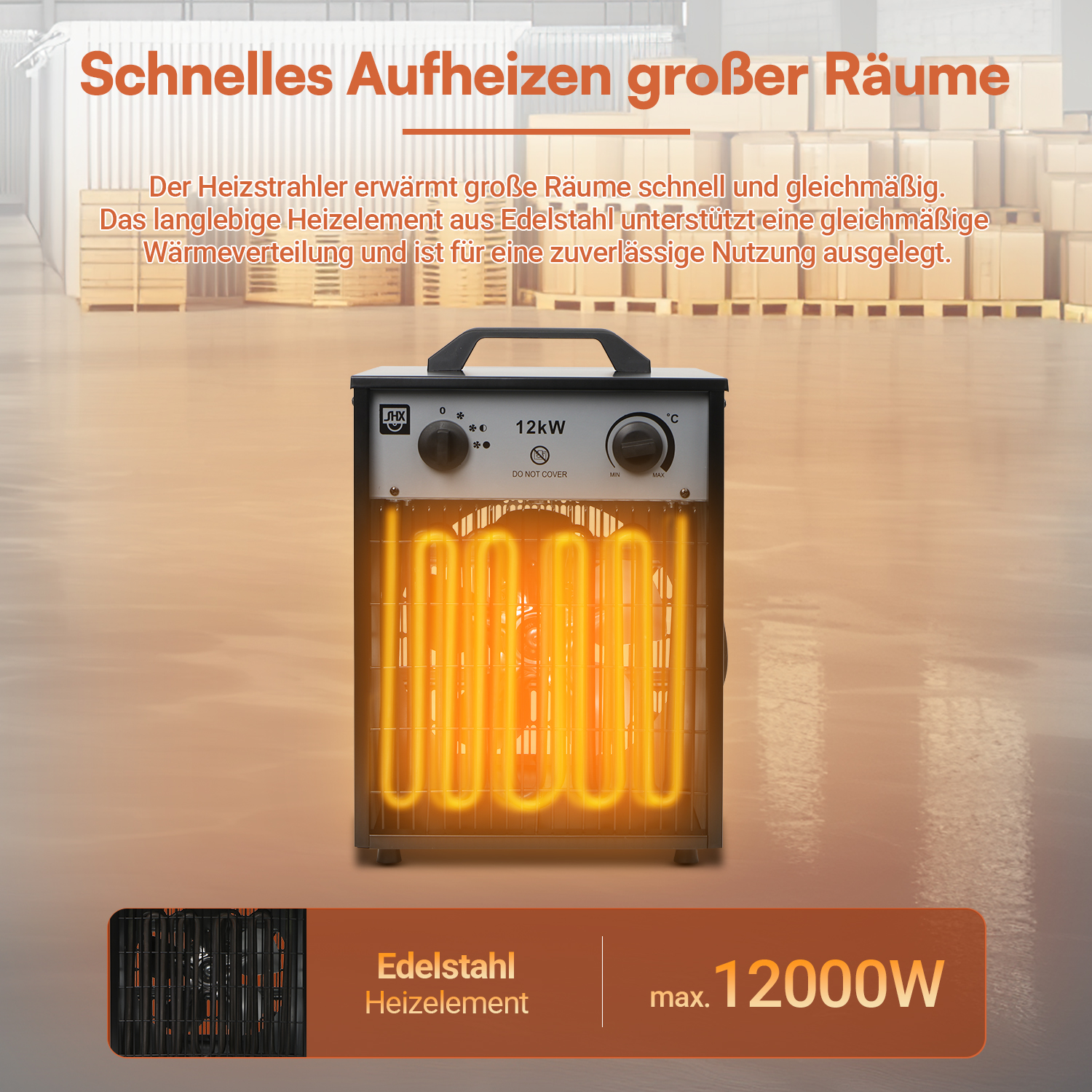 Ein schwarzer 12kW Industrie-Heizlüfter mit orange glühendem Edelstahlelement vor einem Lagerraum.
