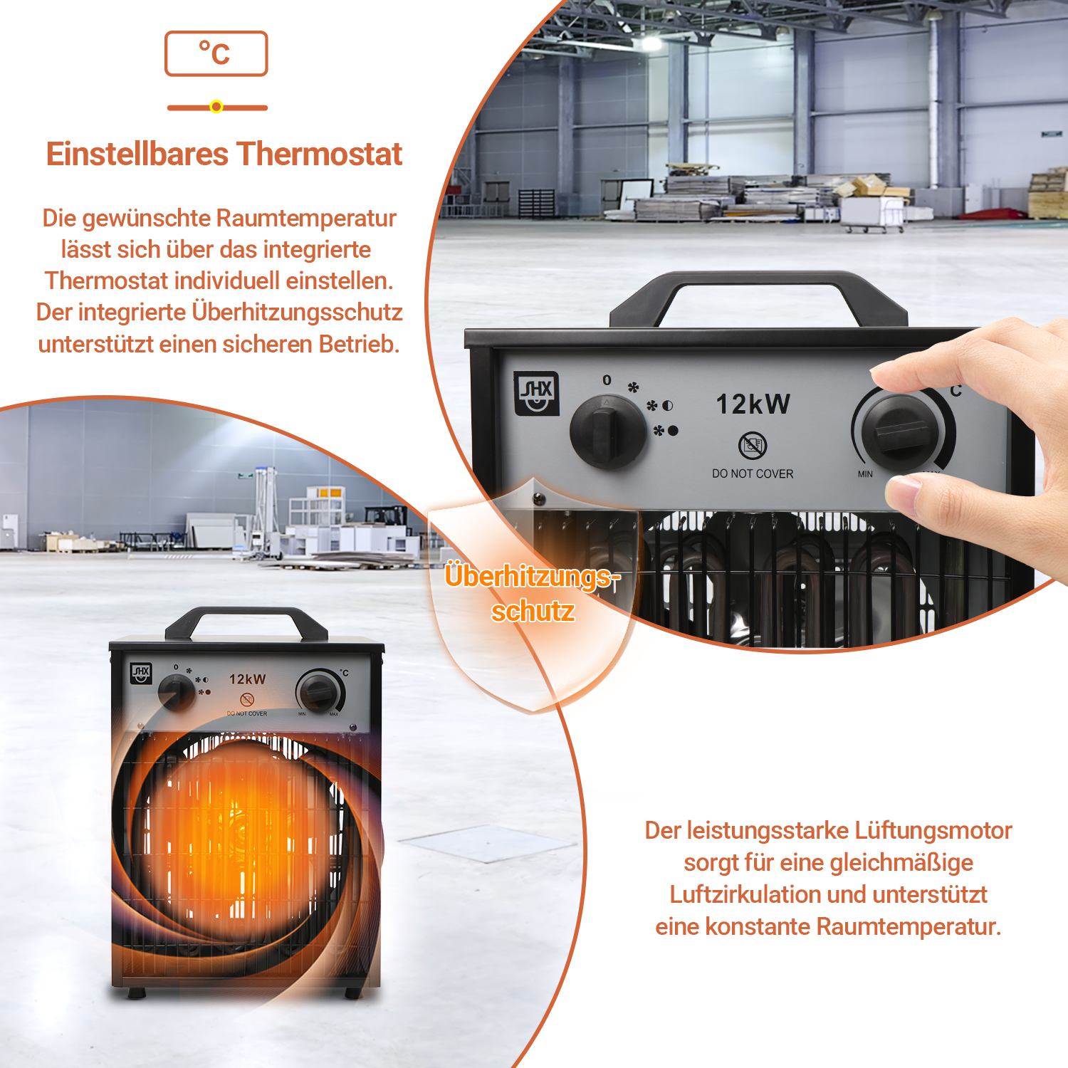 Ein 12kW Industrie-Heizlüfter mit Thermostat und Schutzgitter, platziert in einer großen Lagerhalle.