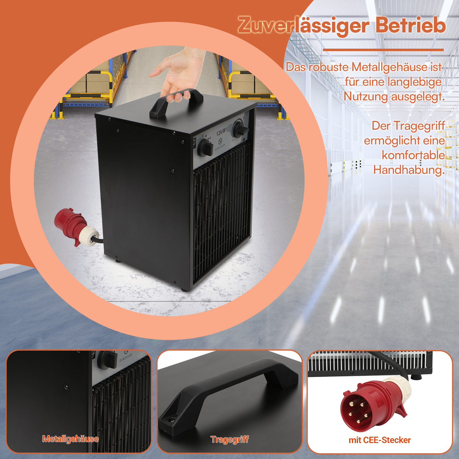 Schwarzer 12kW Industrie-Heizlüfter mit Tragegriff, rotem CEE-Stecker und Detailaufnahmen von Gehäuse und Griff.