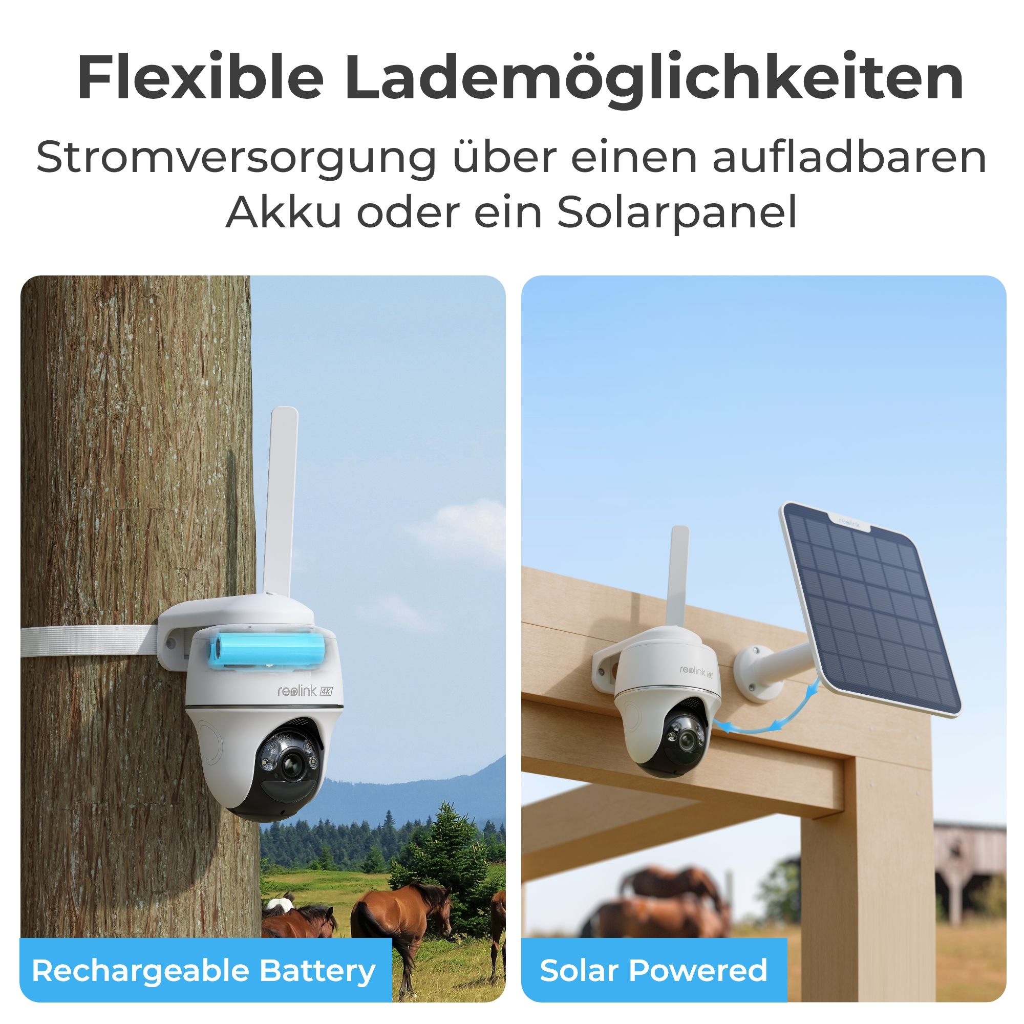 Überwachungskamera mit Akku am Baum und Solarpanel am Holzrahmen.