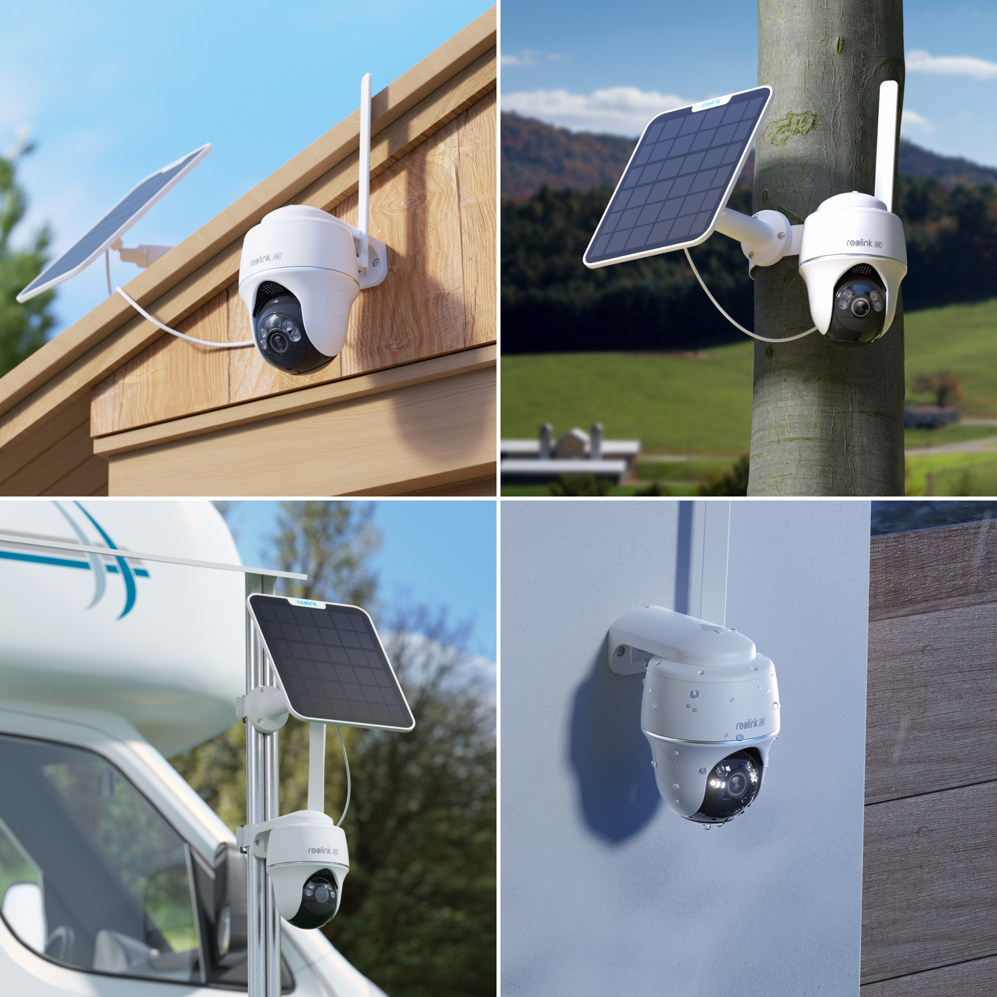 Wasserdichte weiße Sicherheitskamera mit Solarpanel im Freien.