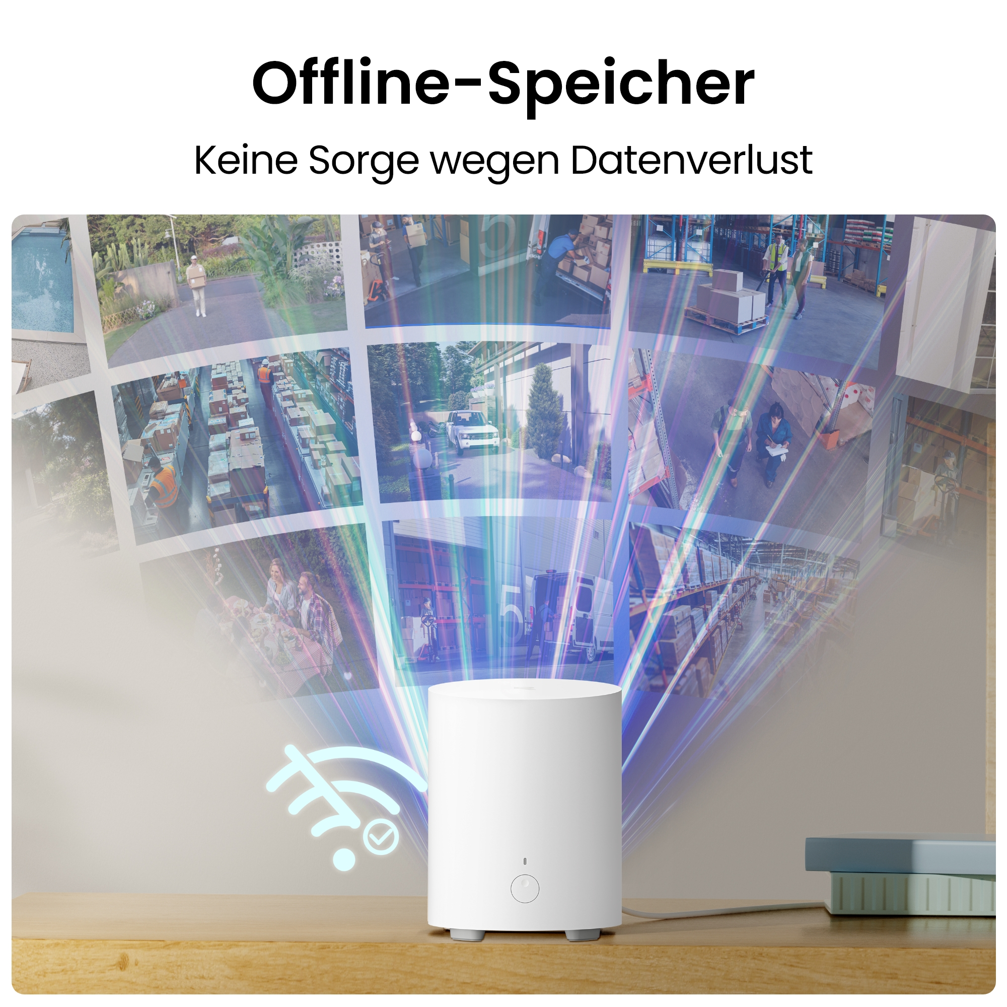 Ein weißer Zylinder auf einem Tisch projiziert Überwachungsbilder und ein Offline-Symbol an die Wand.