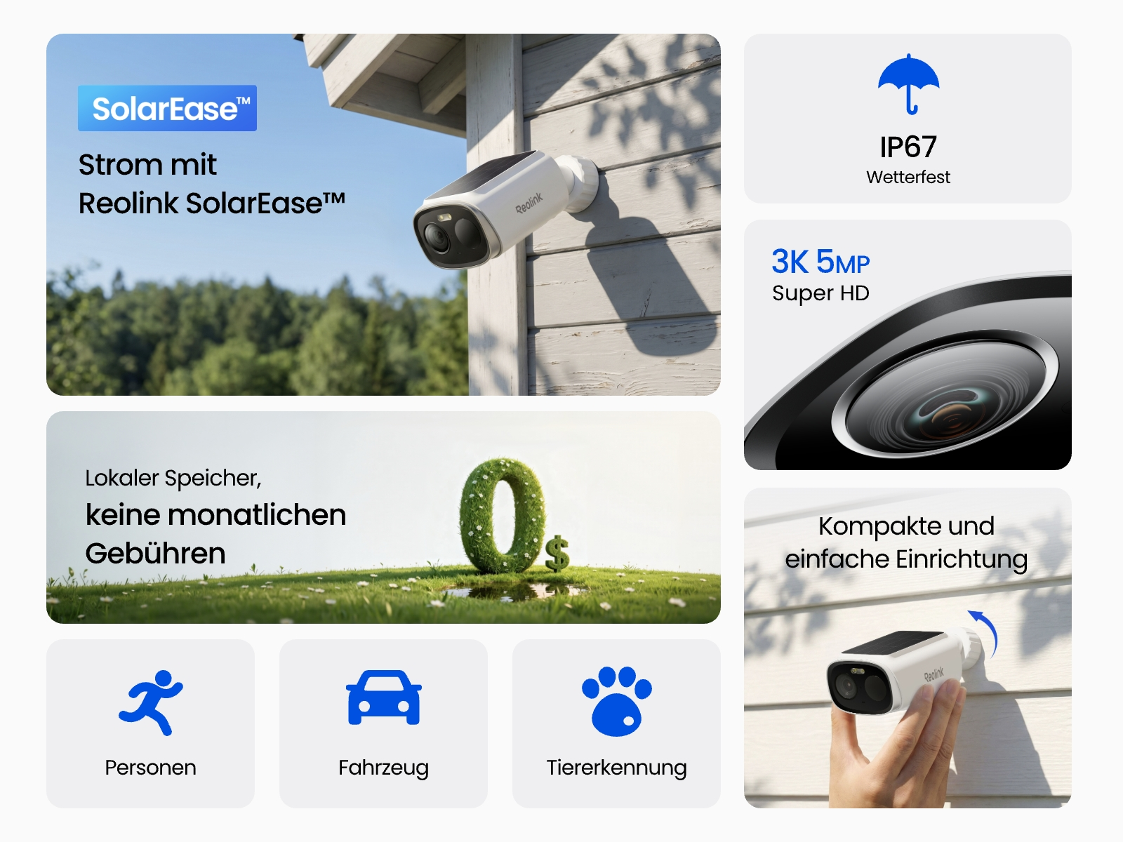 Werbegrafik für eine solarbetriebene Reolink-Sicherheitskamera mit Icons für Wetterfestigkeit und Erkennung.