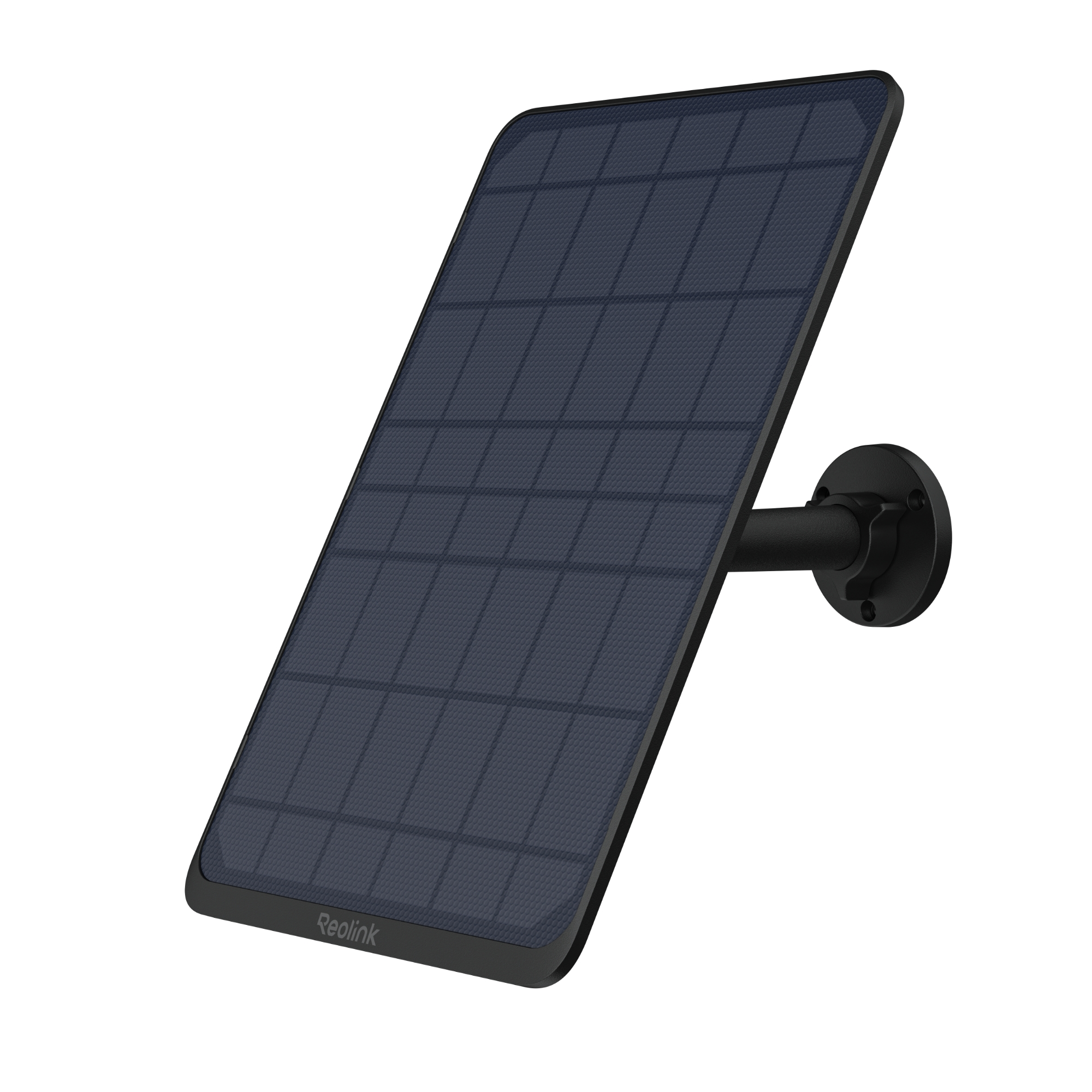 Ein schwarzes Reolink-Solarpanel mit Wandhalterung vor weißem Hintergrund.