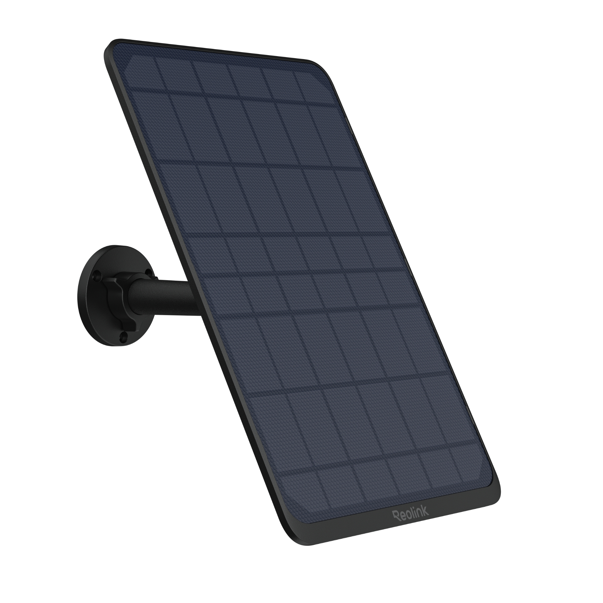 Schwarzes Reolink-Solarpanel mit Wandhalterung auf weißem Hintergrund.