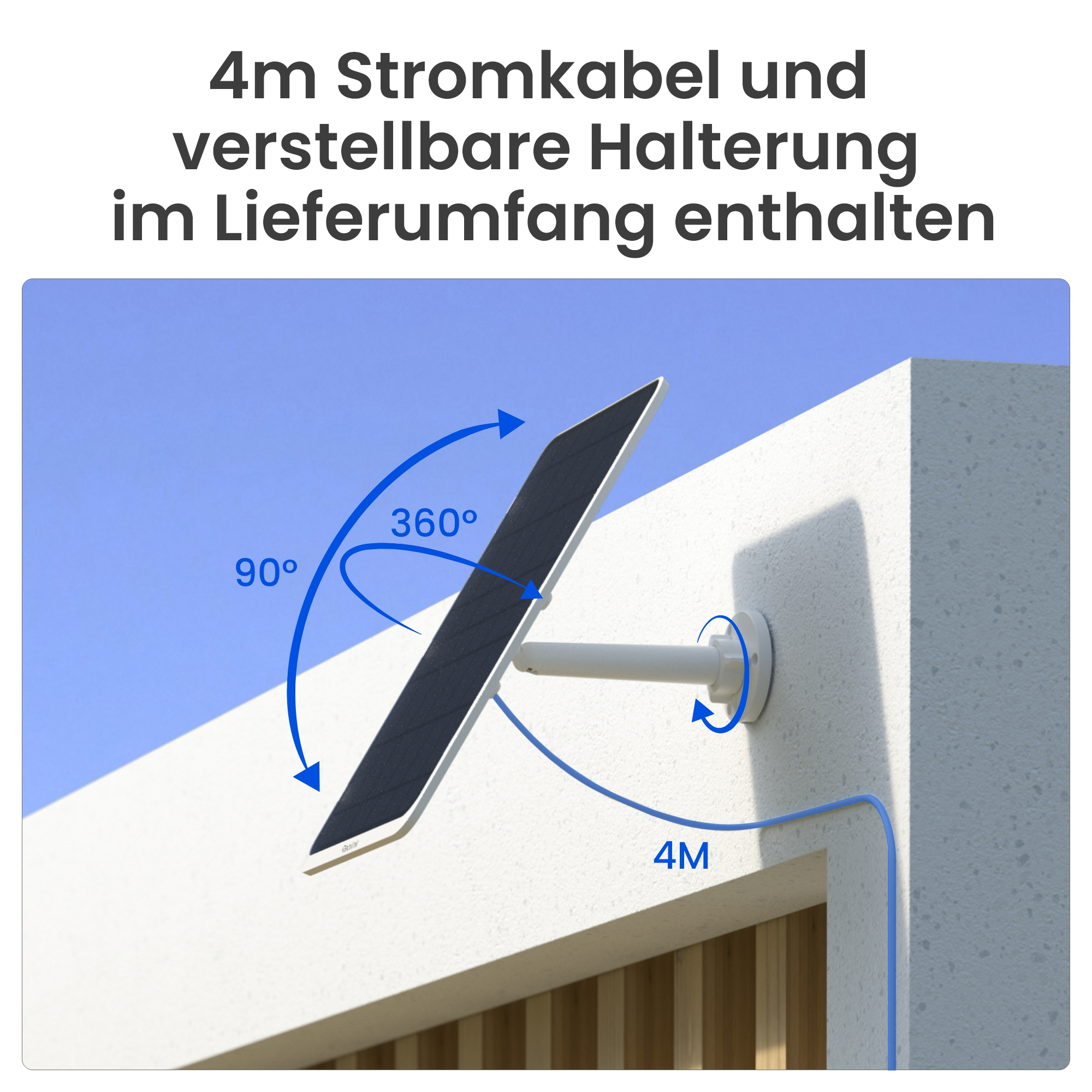 Solarpanel mit verstellbarer Halterung und 4m Kabel an einer Wand.