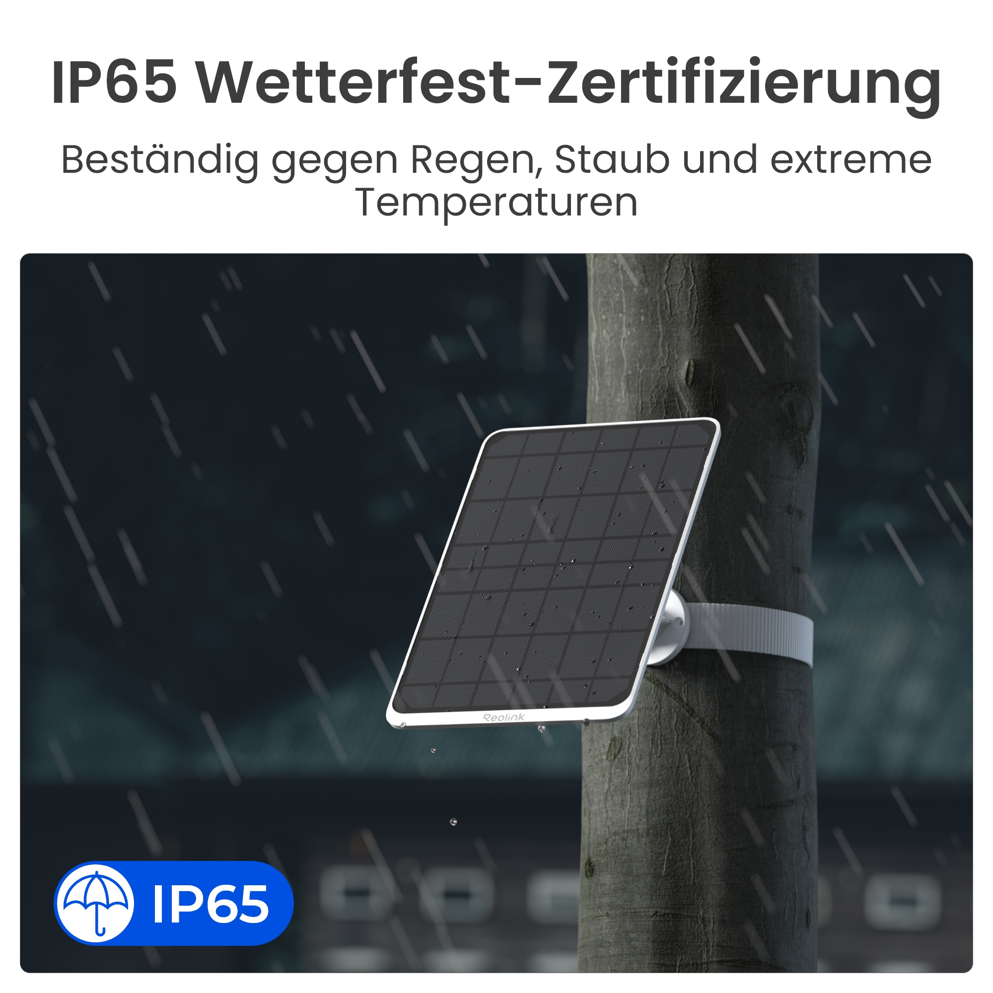 Ein Solarpanel an einem Baumstamm bei starkem Regen mit IP65-Zertifizierung.