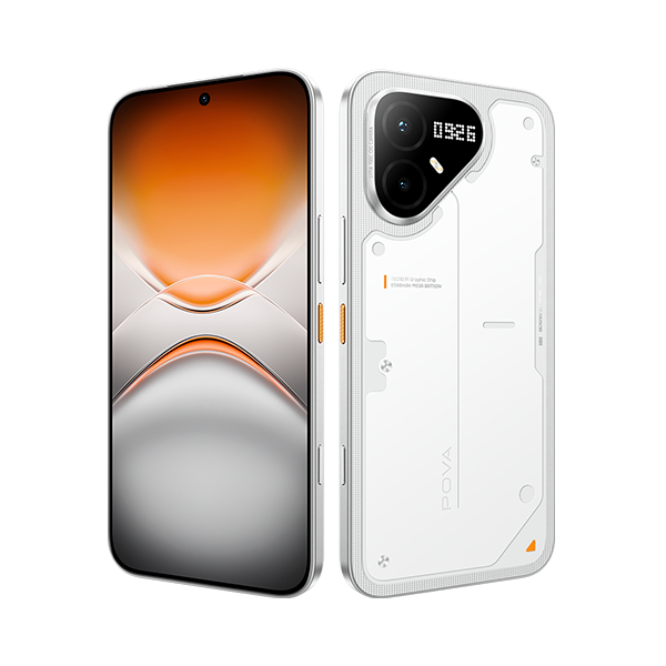 Ön ve arka yüzü görünen beyaz akıllı telefon, çift kamera ve LED matrisli fütüristik bir tasarıma sahip.