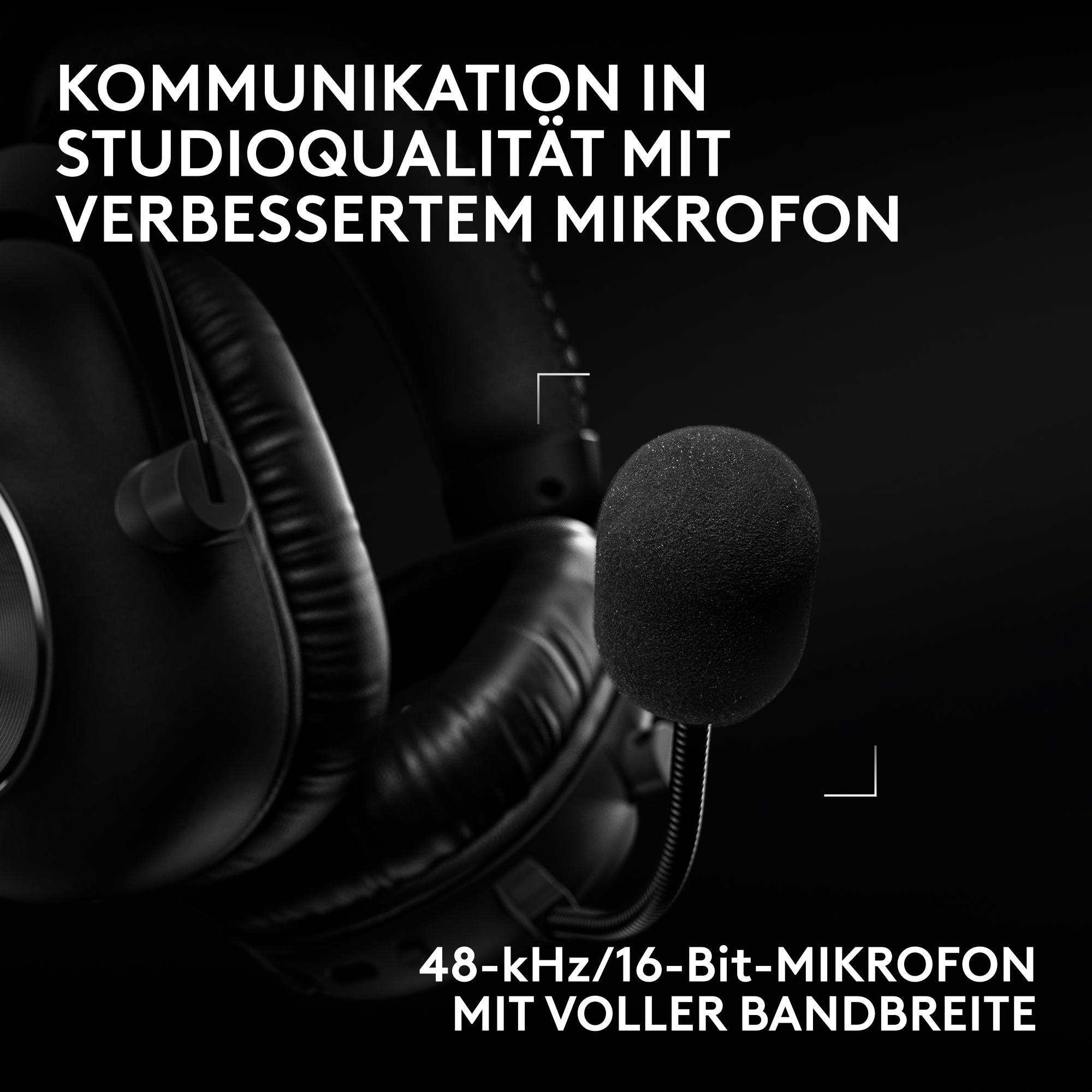 Schwarze Studio-Kopfhörer mit verbesserten Mikrofon und Text.