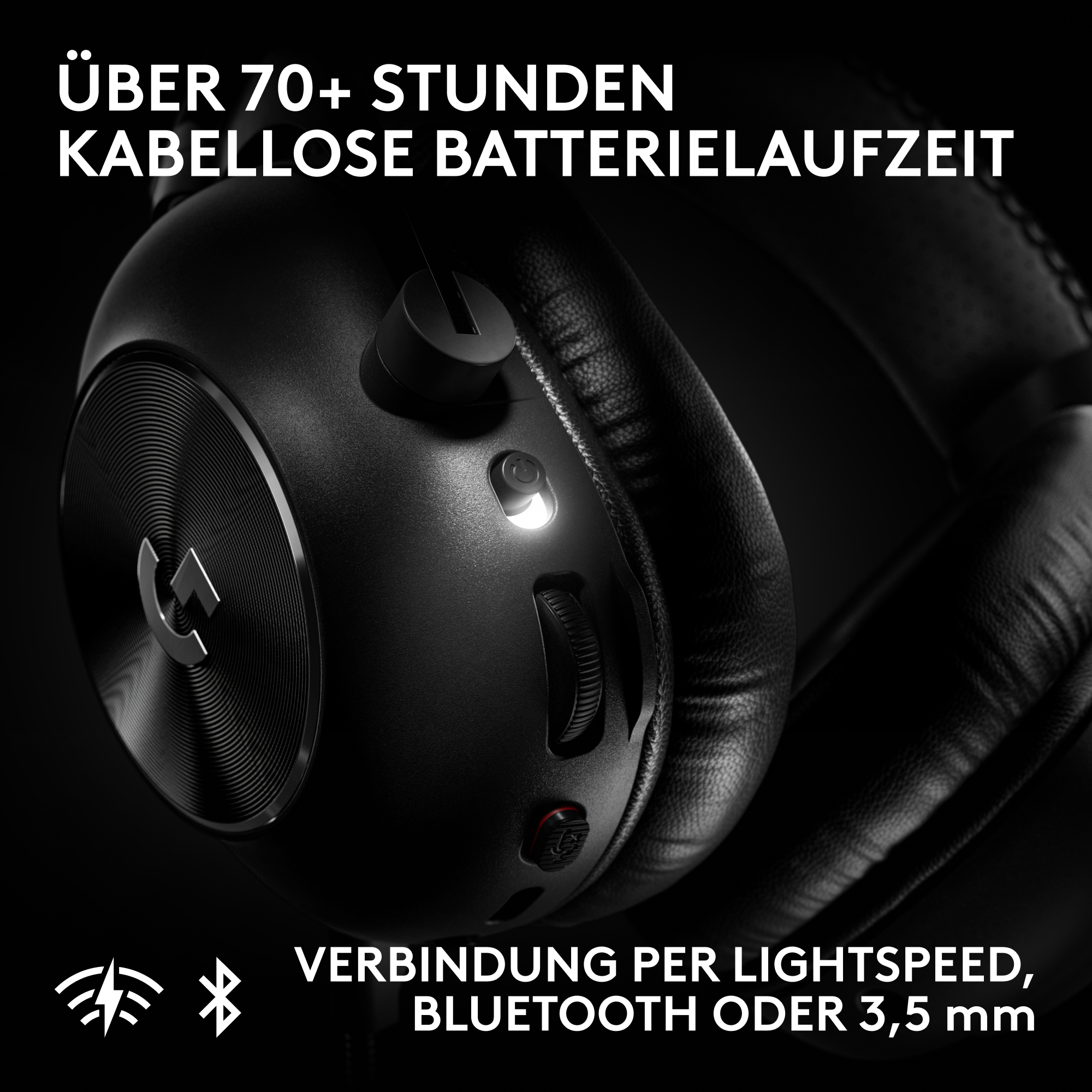 Nahaufnahme einer schwarzen Gaming-Headset-Ohrmuschel mit Tasten, Reglern und beleuchtetem Logo.