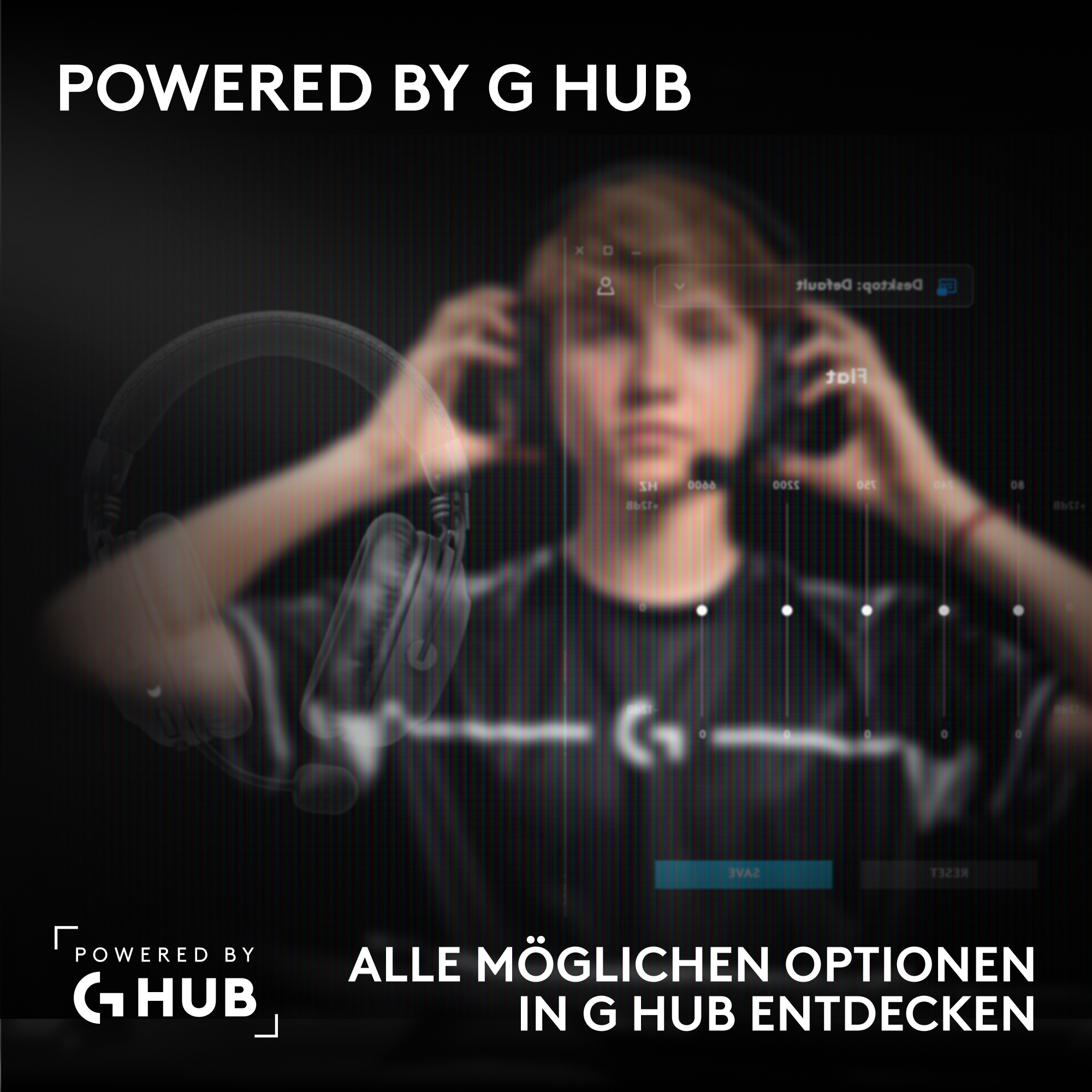Ein junger Gamer mit Headset vor einem dunkelblauen Hintergrund mit G HUB-Logo und Audioreglern.