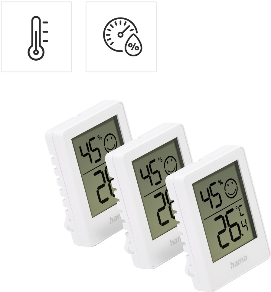 Három fehér digitális hő- és páratartalom-mérő LCD kijelzővel.