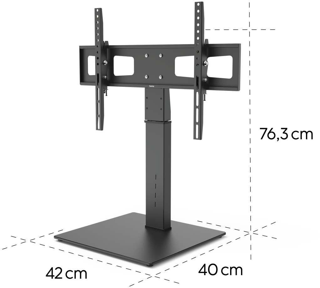Fekete TV állvány, méretei: 42 cm szélesség, 40 cm mélység és 76,3 cm magasság.