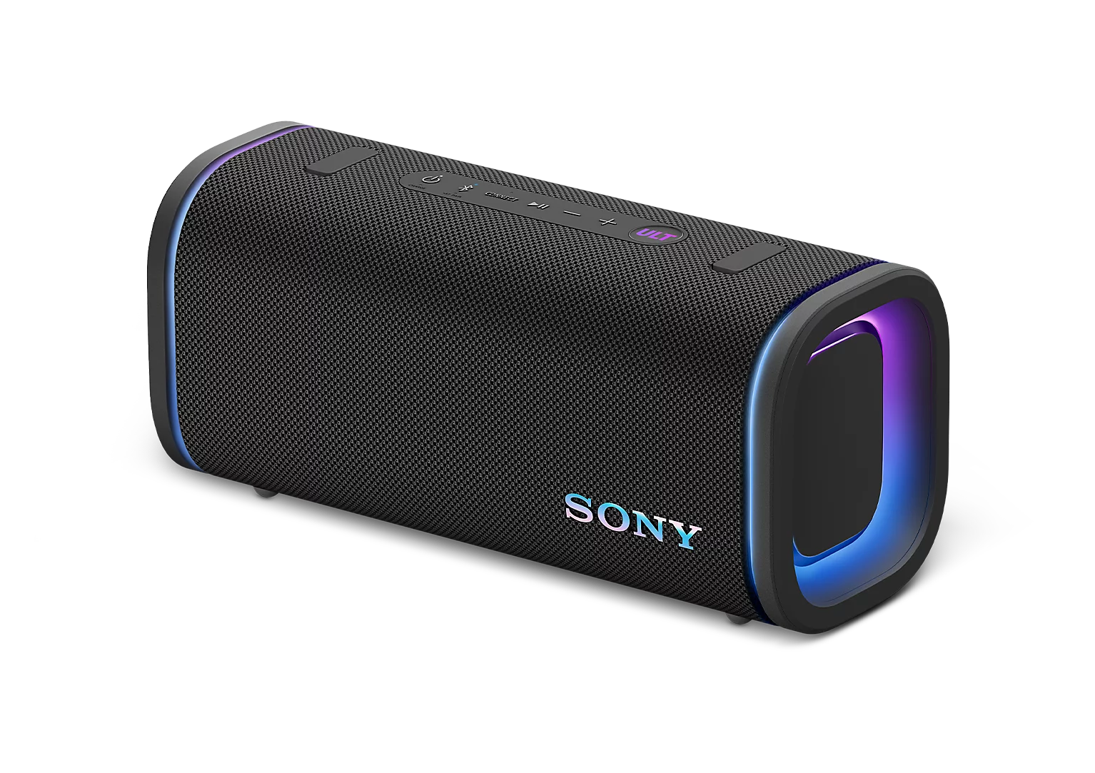 Siyah arka planda, uclarinda parlayan RGB isiklari ve onunde Sony logosu olan siyah bir Sony kablosuz hoparlor.