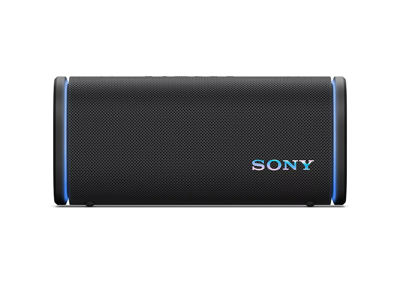 Siyah arka plan üzerinde her iki ucunda mavi parlayan ışıklar bulunan siyah taşınabilir Sony kablosuz hoparlör.