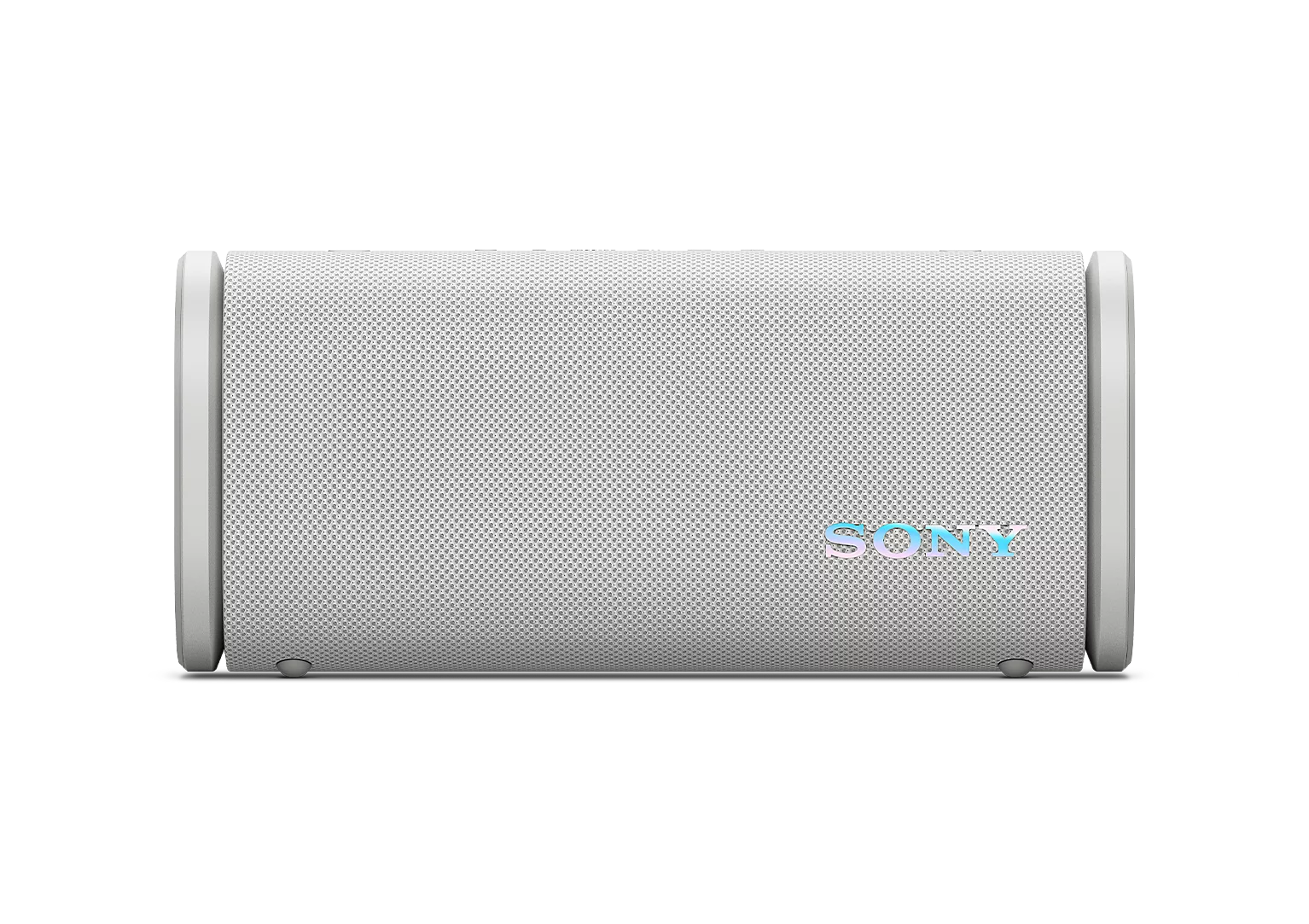 Siyah arka planda, file gövdeli ve yanardöner Sony logolu beyaz taşınabilir Sony hoparlör.