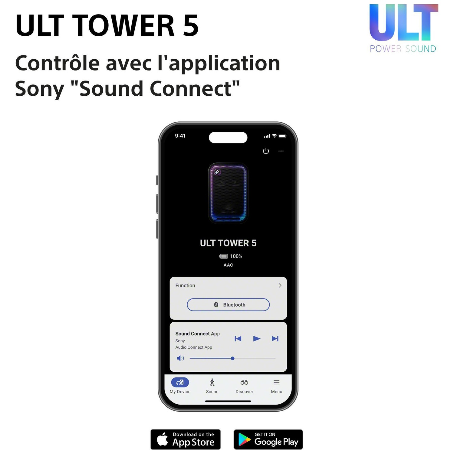 L'ecran du smartphone affiche l'application Sony Sound Connect pour controler l'ULT TOWER 5.