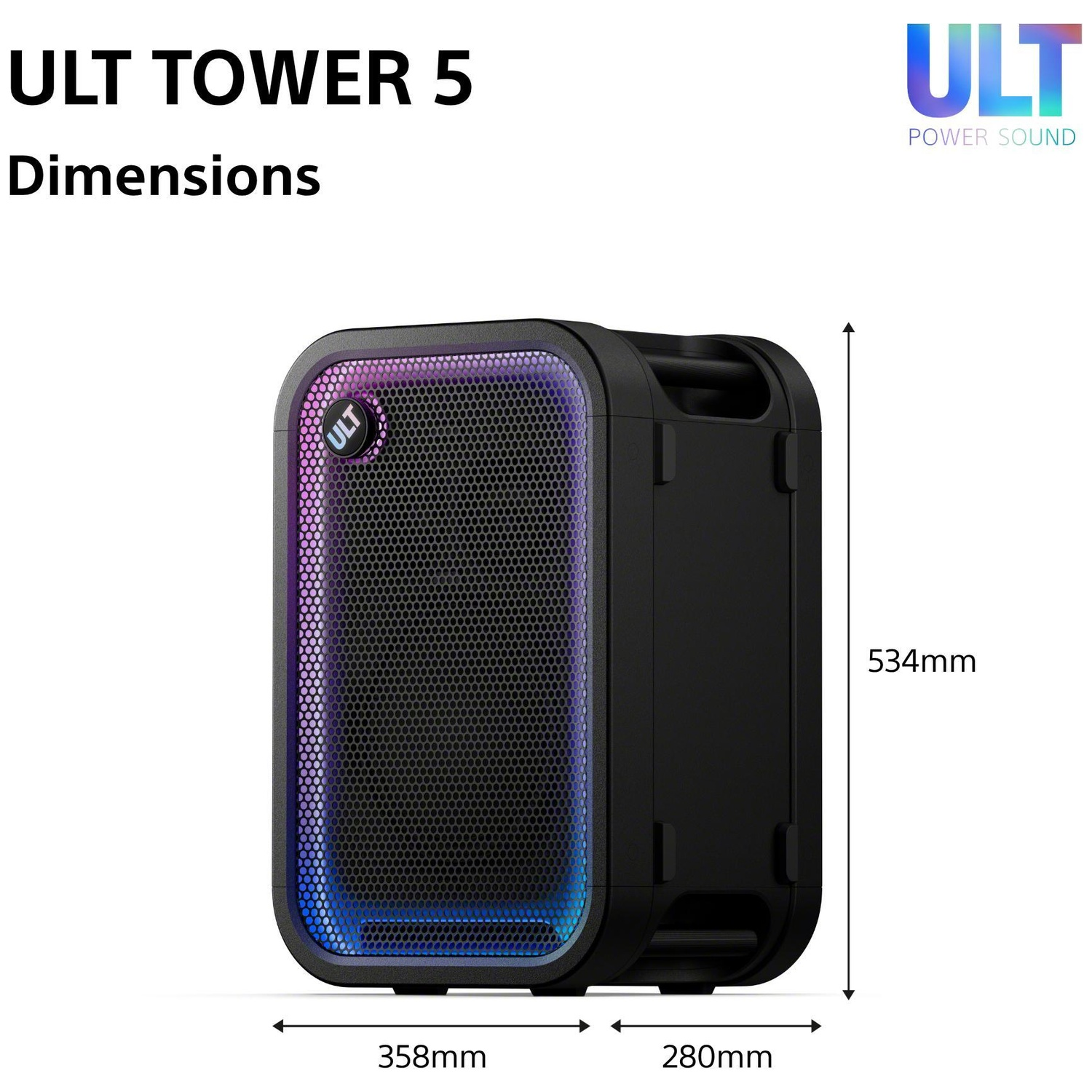 Enceinte ULT Tower 5 noire avec éclairage RVB et dimensions 534x358x280 mm.