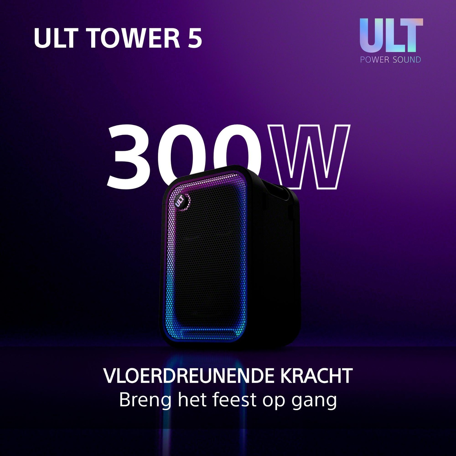A black ULT Tower 5 speaker with glowing purple and blue lights, against a dark purple background with text.