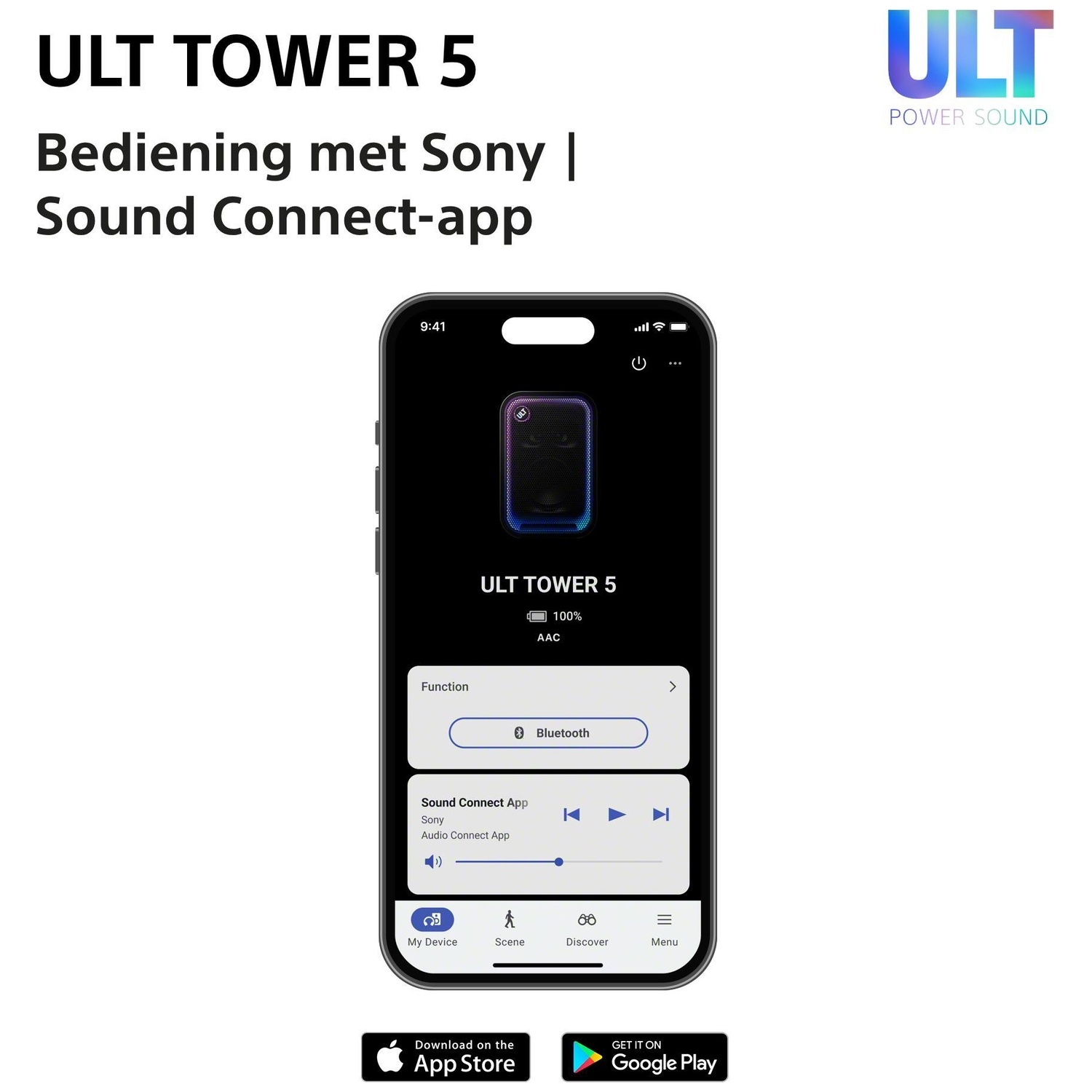 Smartphone displaying ULT Tower 5 controls in the Sony Sound Connect app.