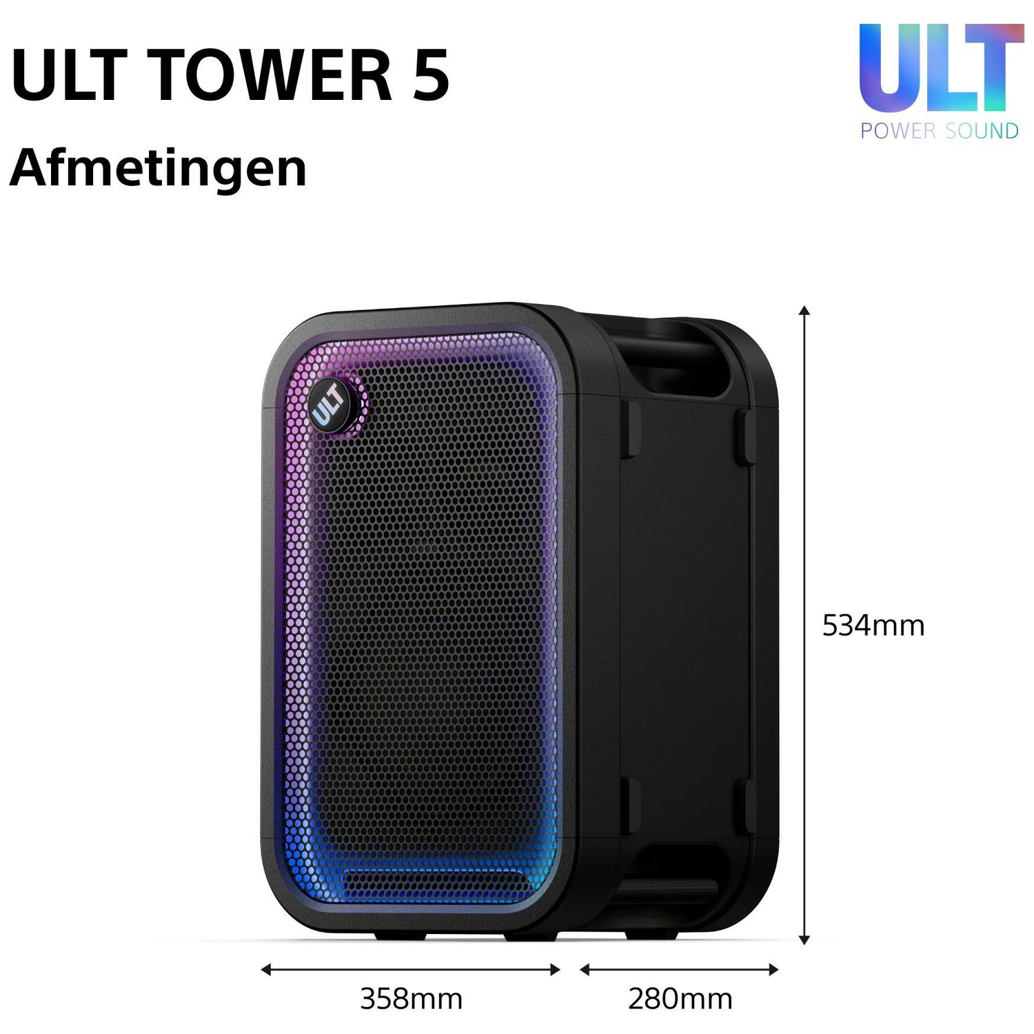 Dimensions diagram of ULT Tower 5 black speaker, showing height 534mm, width 358mm, depth 280mm with glowing lights.