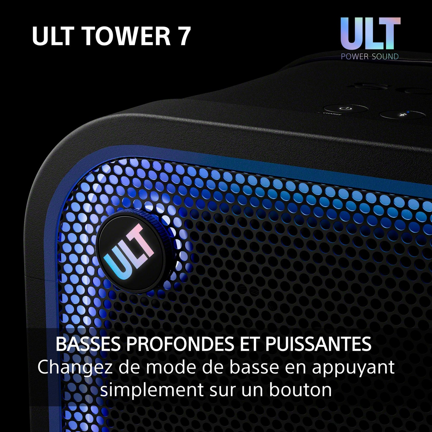 Enceinte noire ULT TOWER 7 avec lumière bleue et bouton ULT sur fond noir.