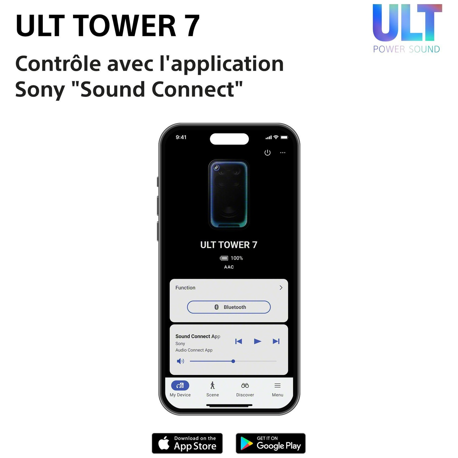 Écran de smartphone affichant l'application Sony Sound Connect pour l'ULT Tower 7.